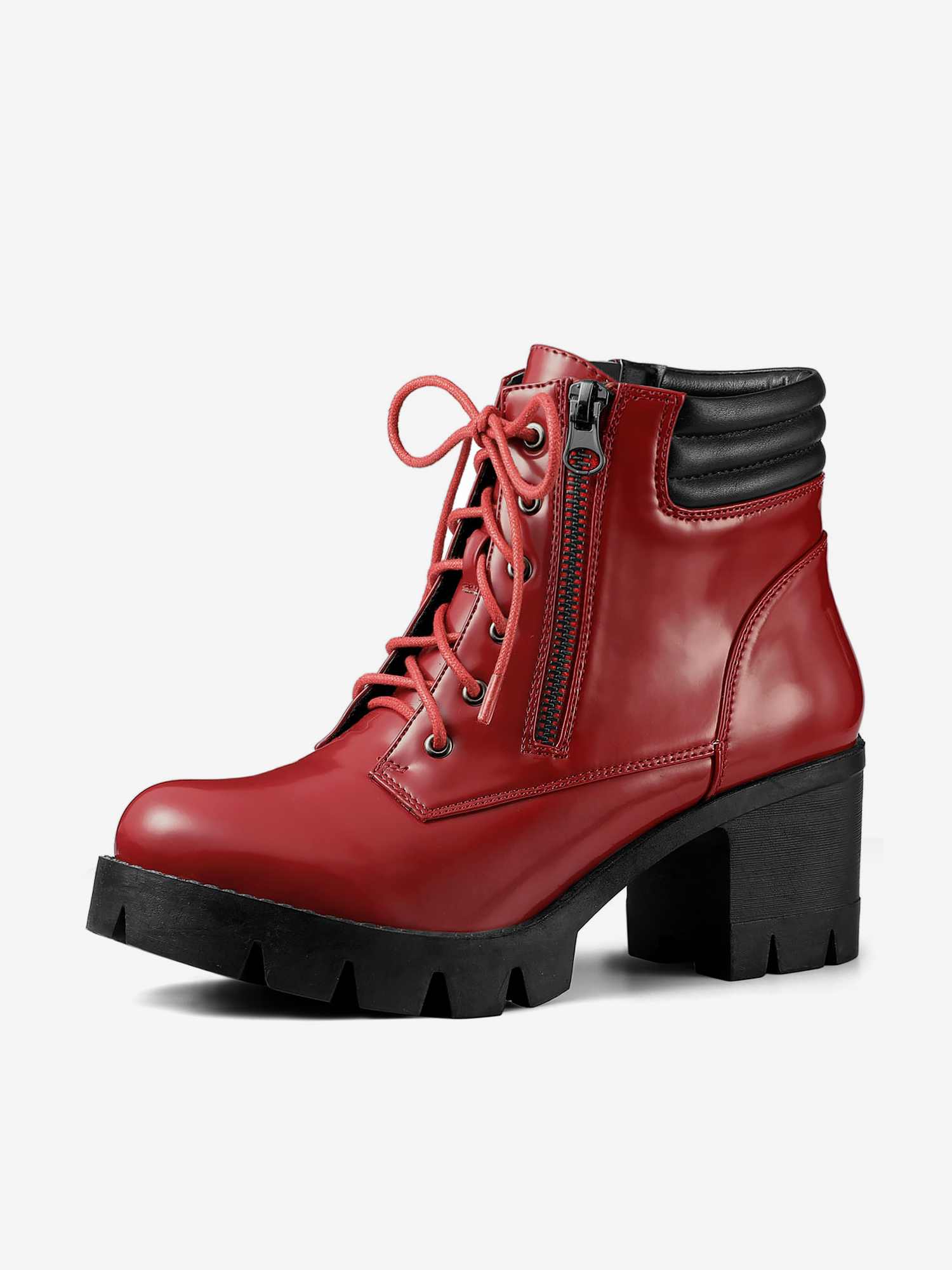 Lug Sole Zip Combat Block Heel Ankle Boots Red/6