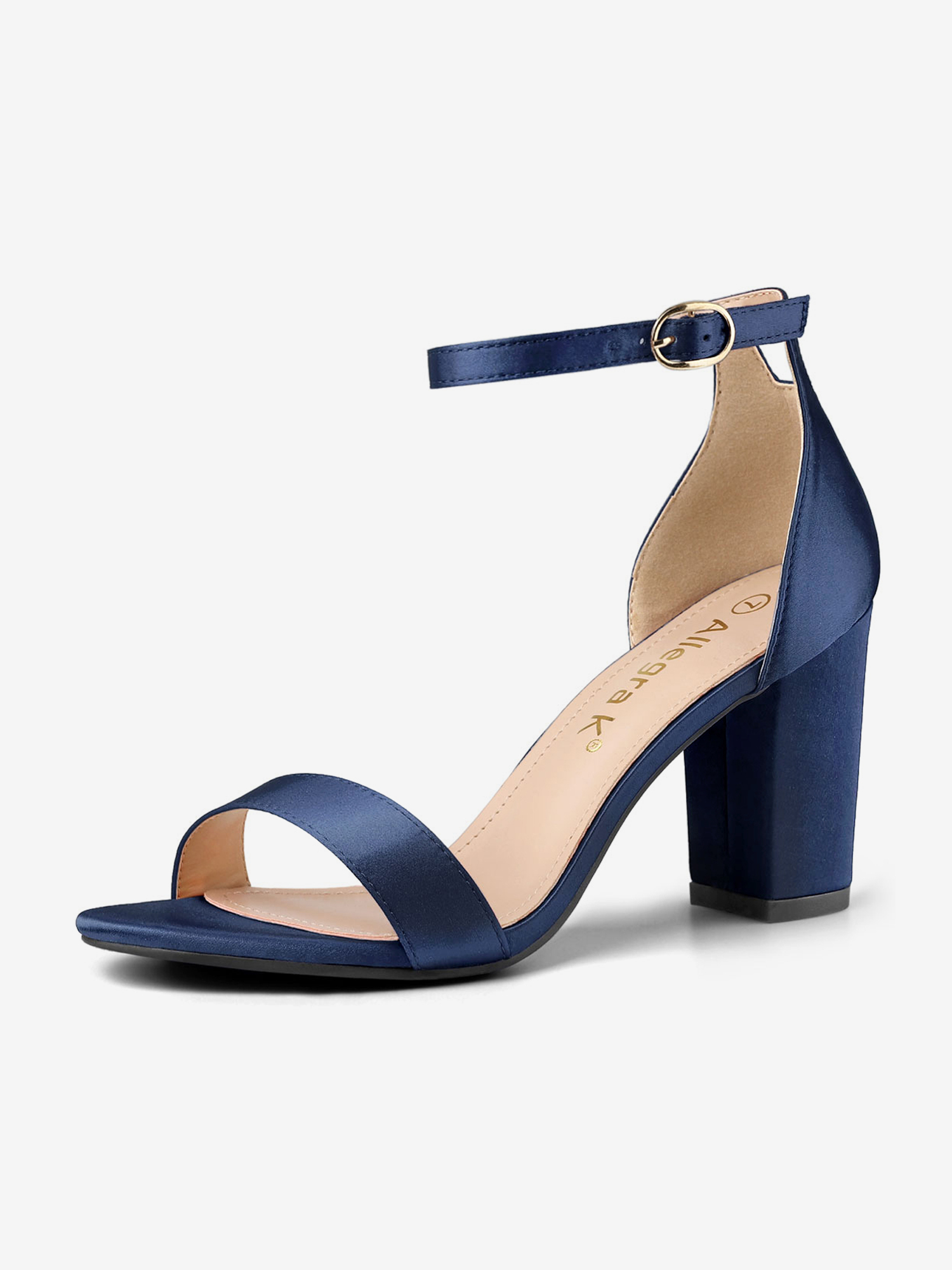 Satin Open Toe Ankle Strap Chunky Heel Sandals Blue/6.5
