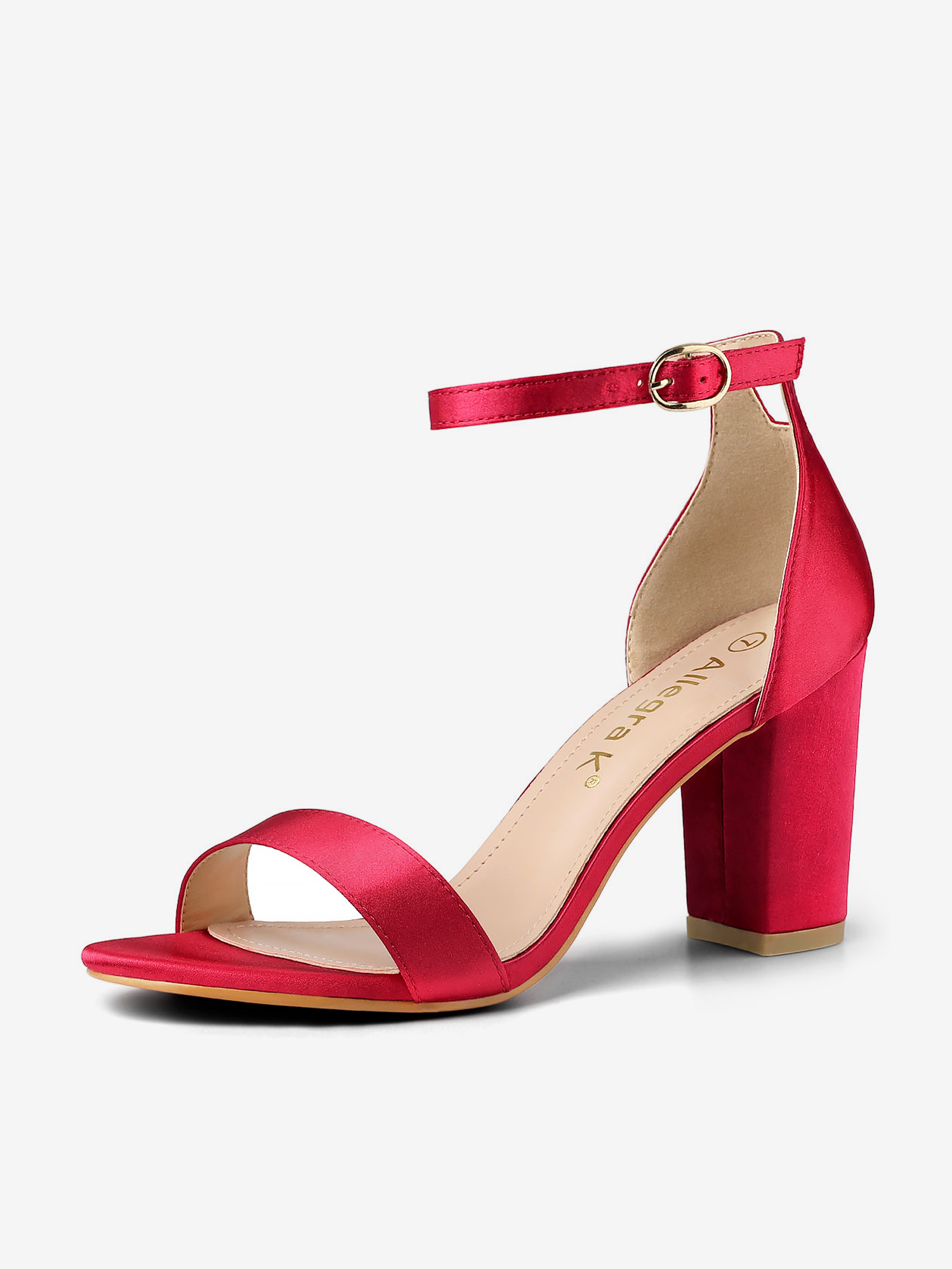 Satin Open Toe Ankle Strap Chunky Heel Sandals Red/7
