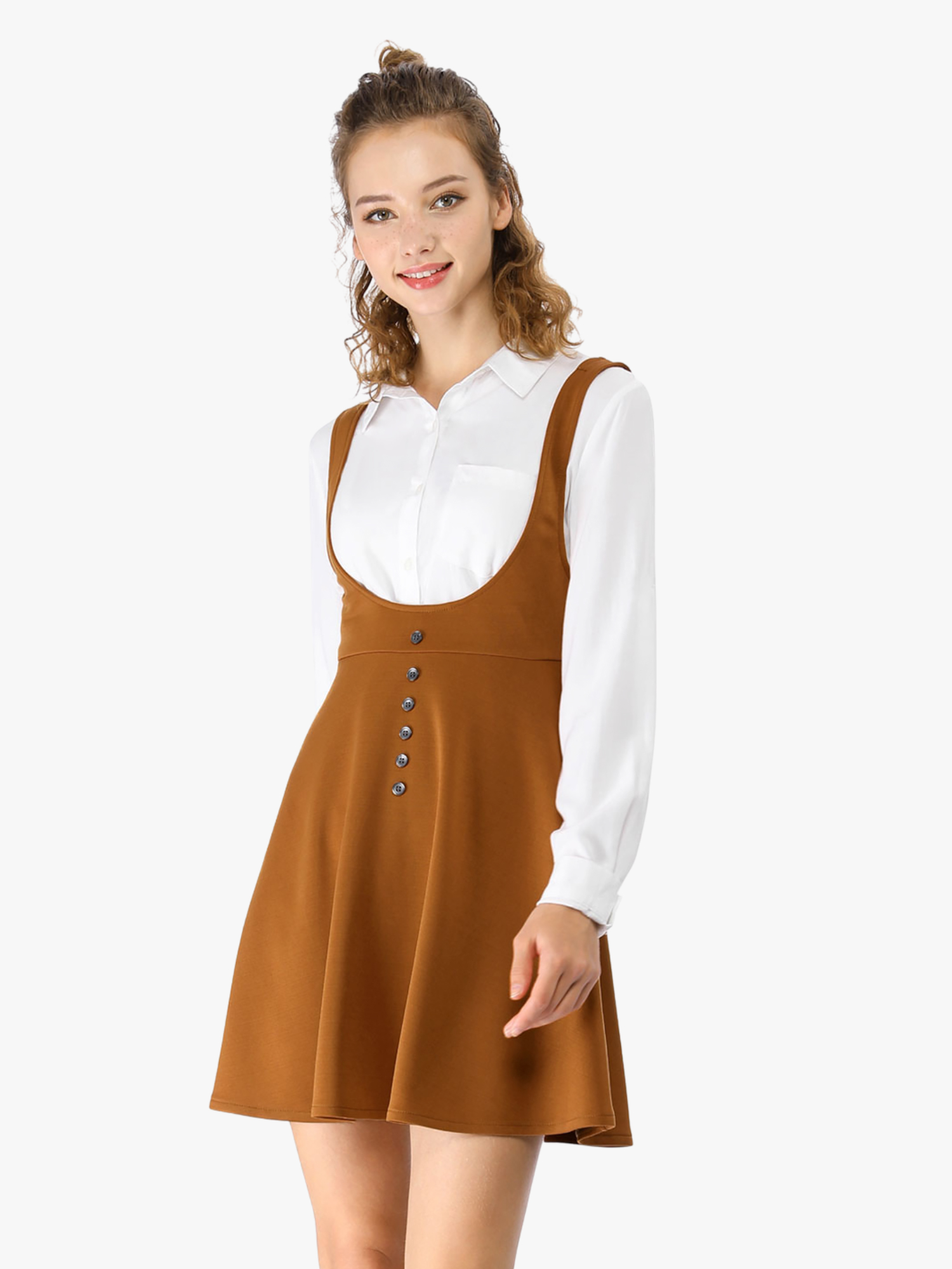 Button Decor Overalls Pinafore Dress Suspenders Skirt Brown/XS
