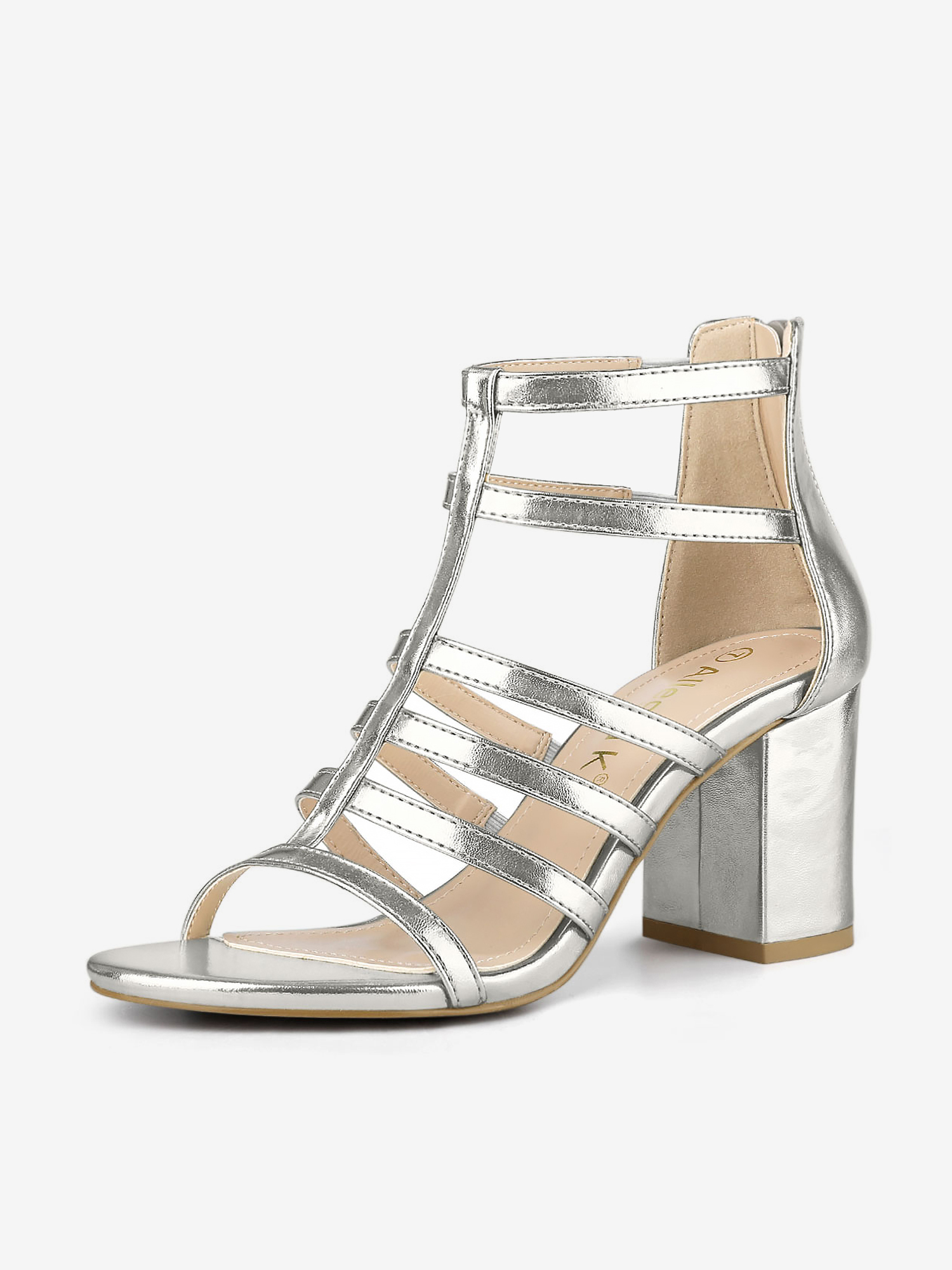 Cage Strappy Gladiators Chunky Heel Sandals Silver White/5