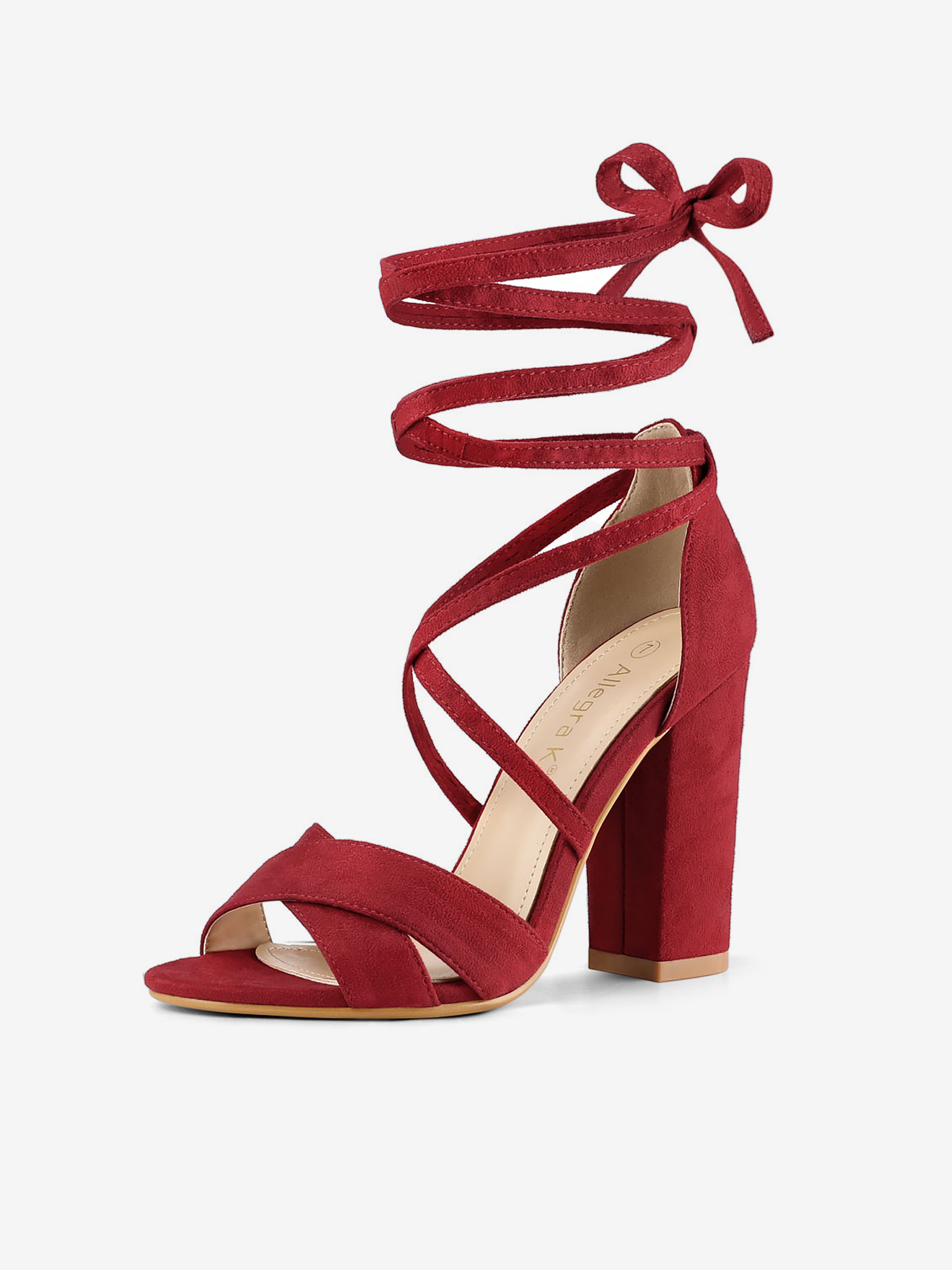 Faux Suede Crisscross Front Block Heel Lace Up Sandals Red/8