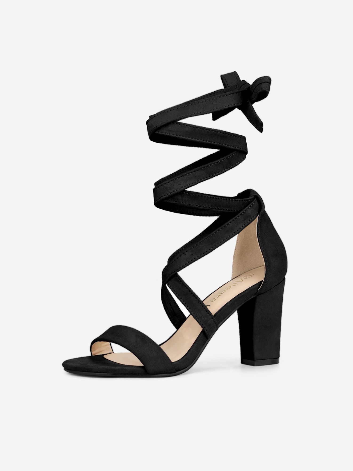 Faux Suede Crisscross Lace Up Block Mid Heel Sandals Black/8