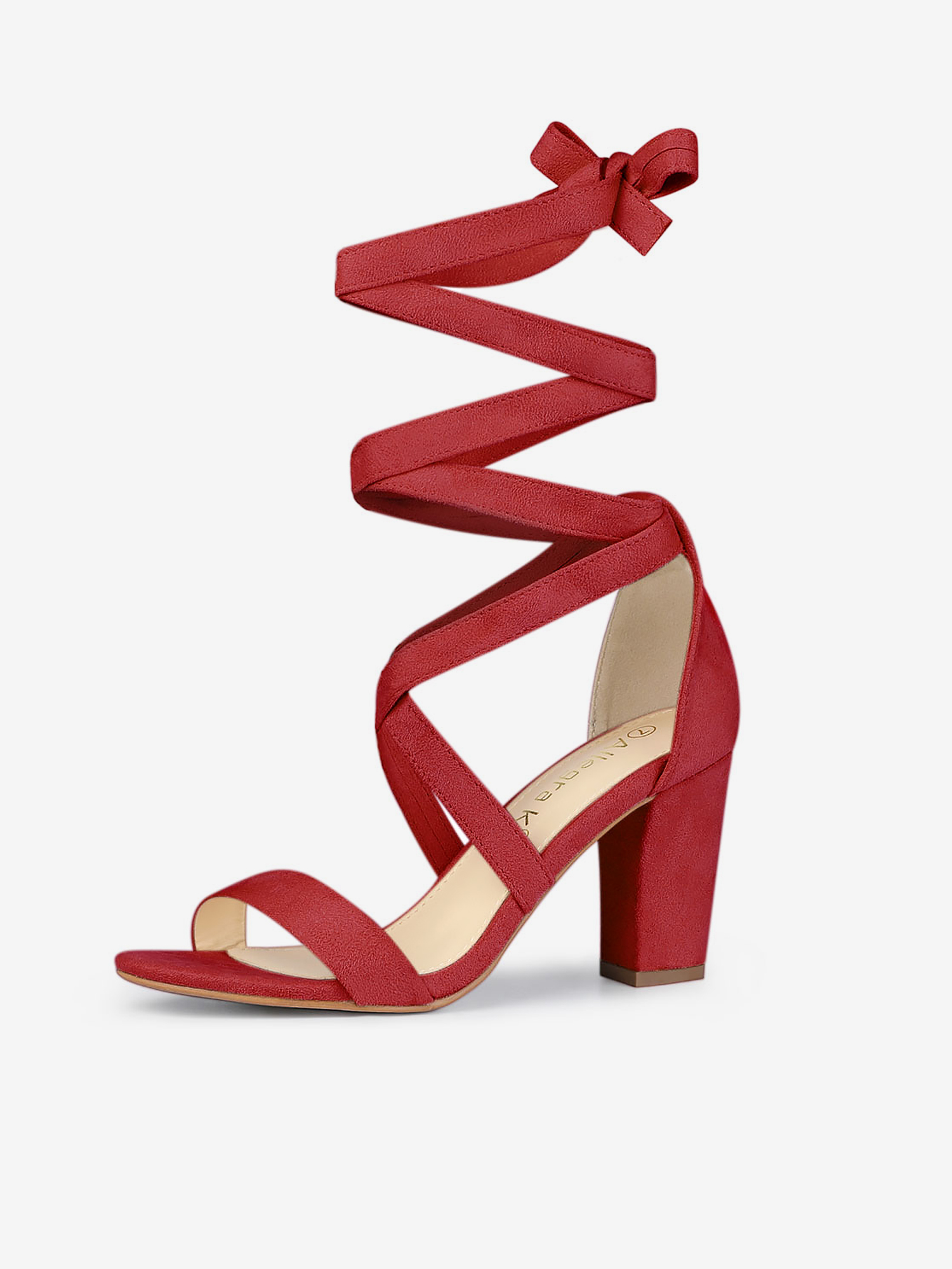 Faux Suede Crisscross Lace Up Block Mid Heel Sandals Red/9.5