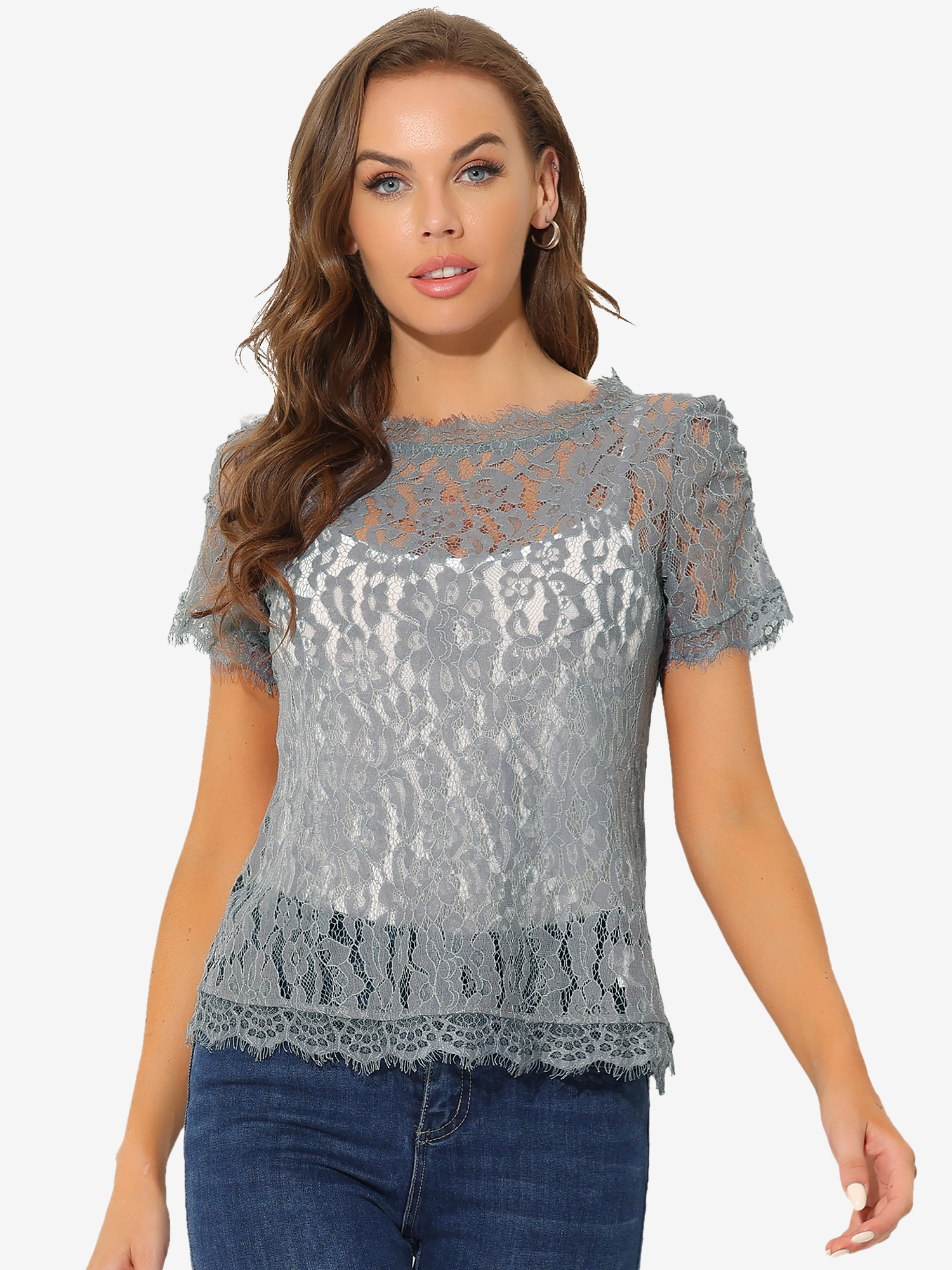 Lace Floral Scalloped Trim Short Sleeve Semi Sheer Blouse Grey/XL