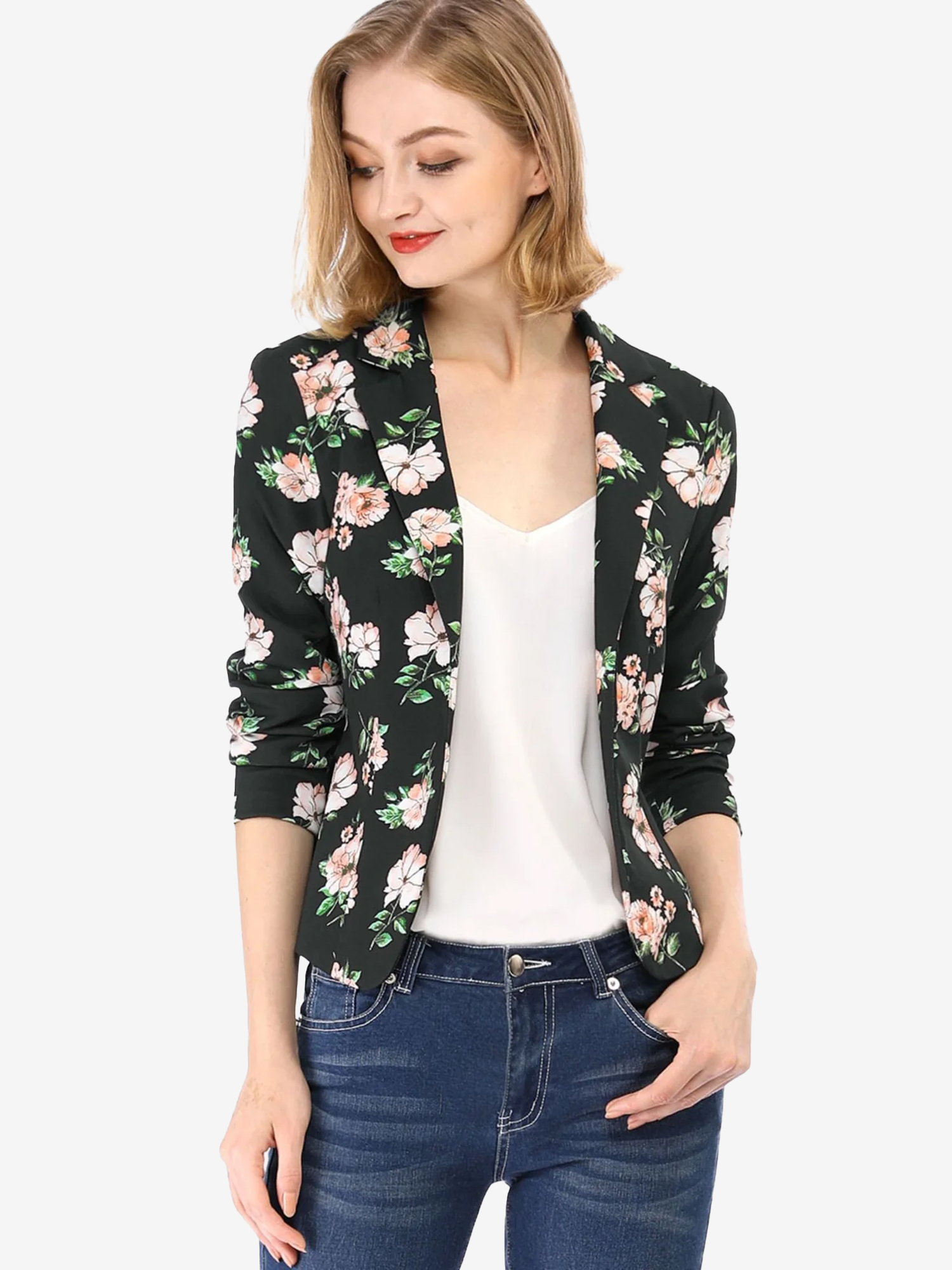 Open Front Notch Lapel Floral Business Casual Suit Blazer Black-Floral/L
