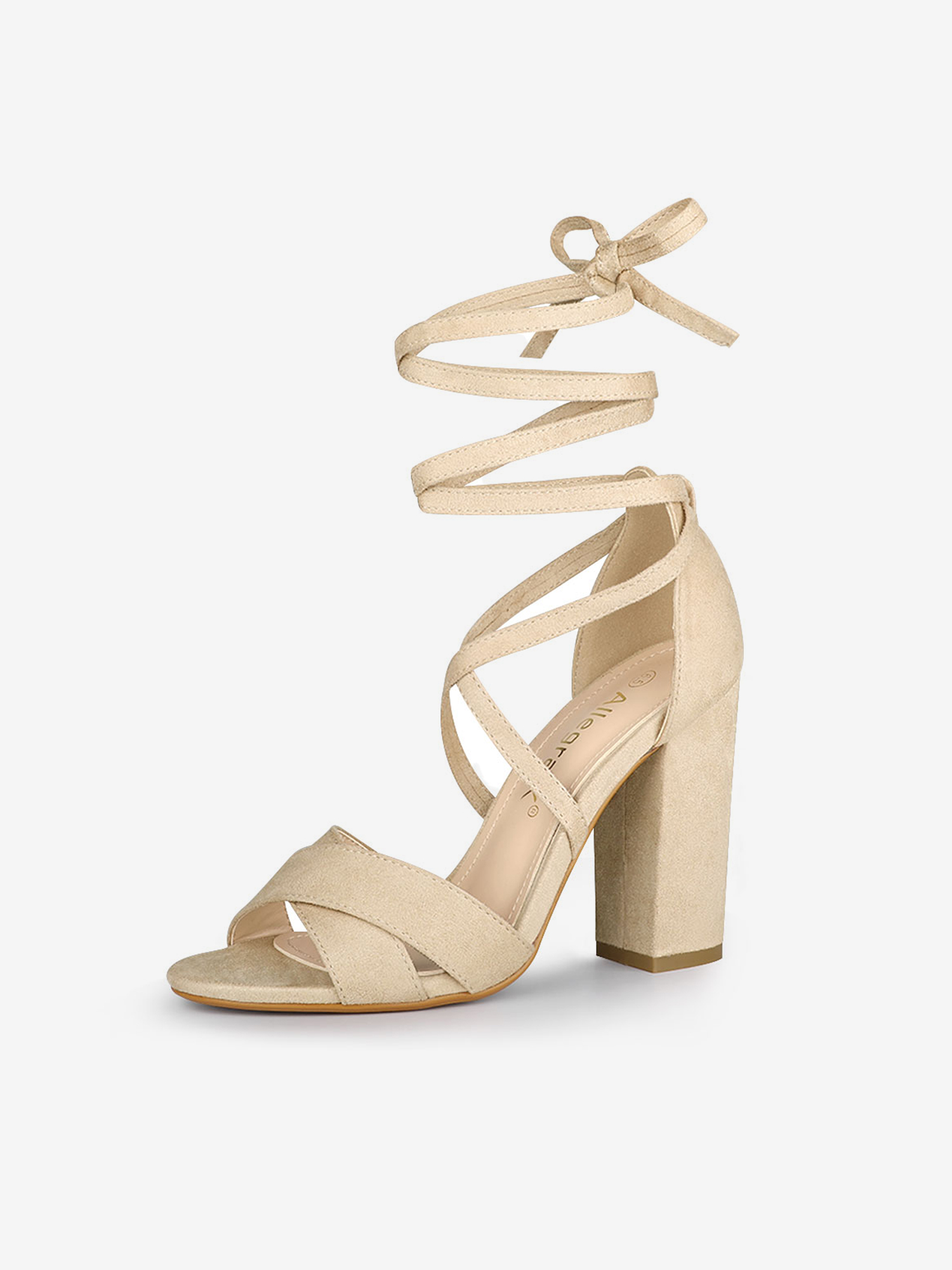 Faux Suede Crisscross Front Block Heel Lace Up Sandals Beige/6.5