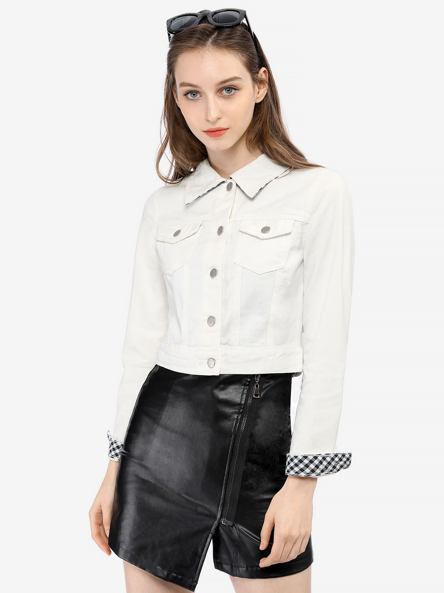 Button Down Long Sleeve Casual Cropped Denim Jacket White/XS