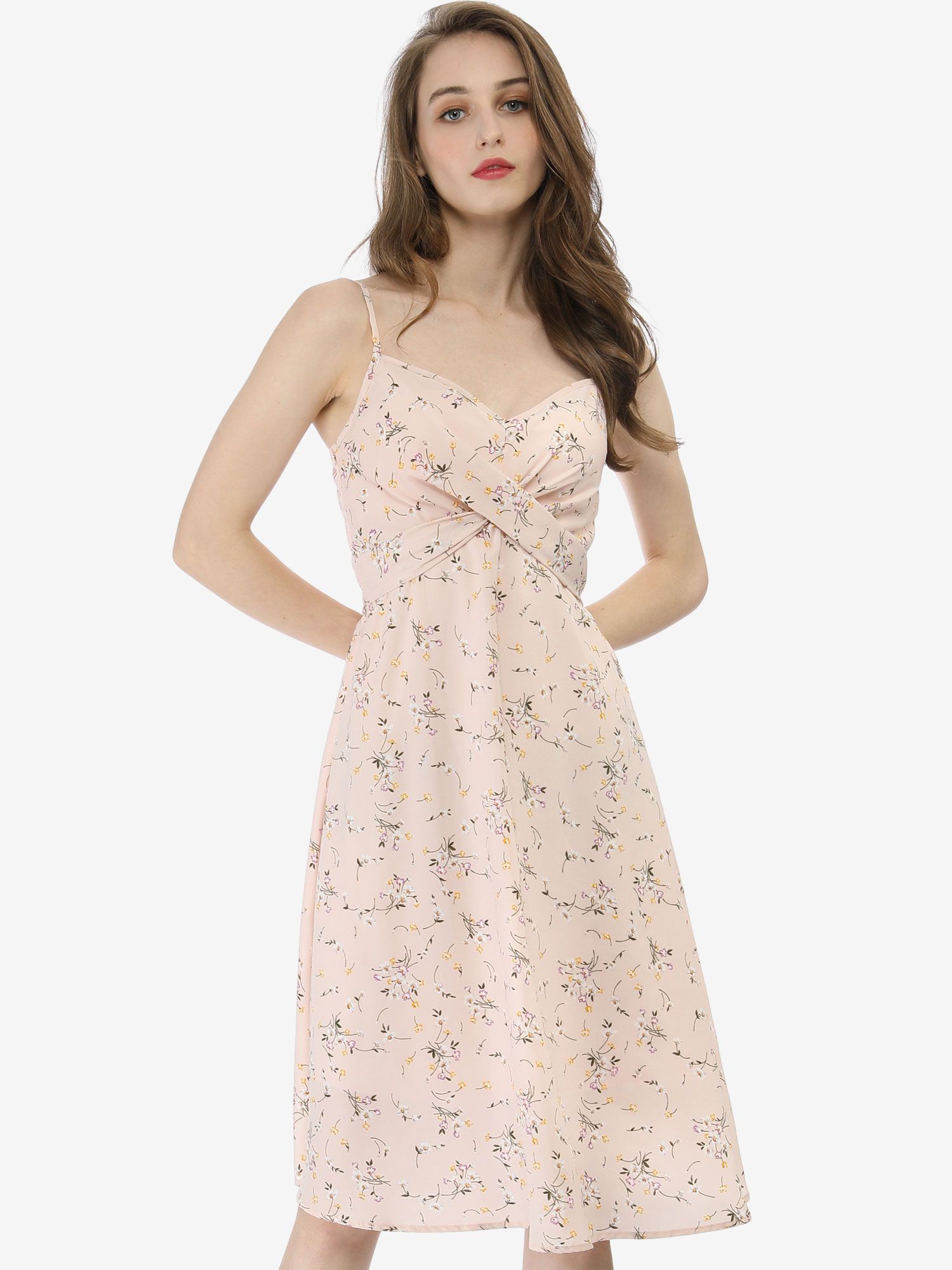 Floral Twist Front Knee Length Summer Adjustable Strap Dress Pink/XS