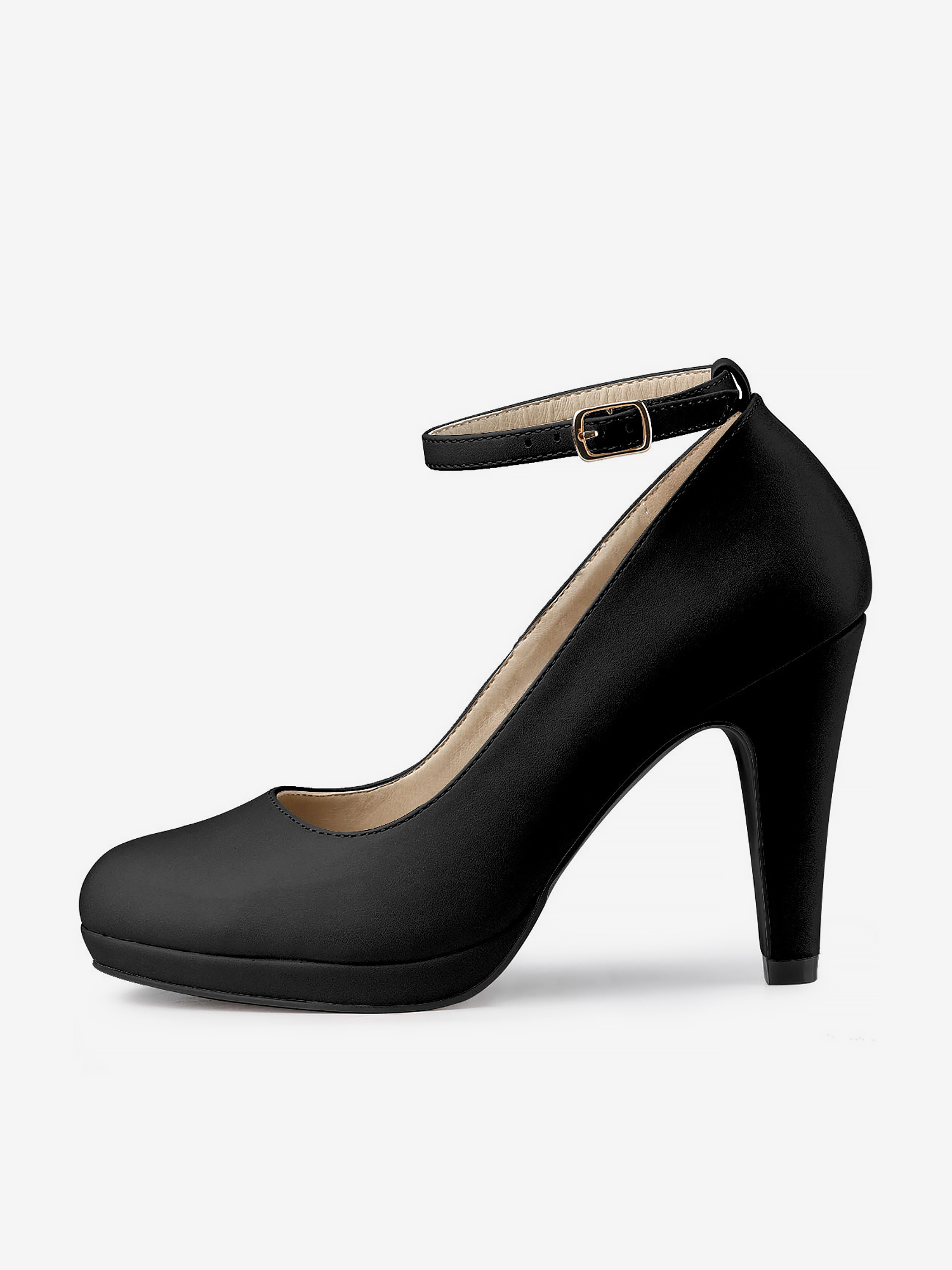 Round Toe Stiletto Heel Ankle Strap PU Leather Pumps Black/9.5
