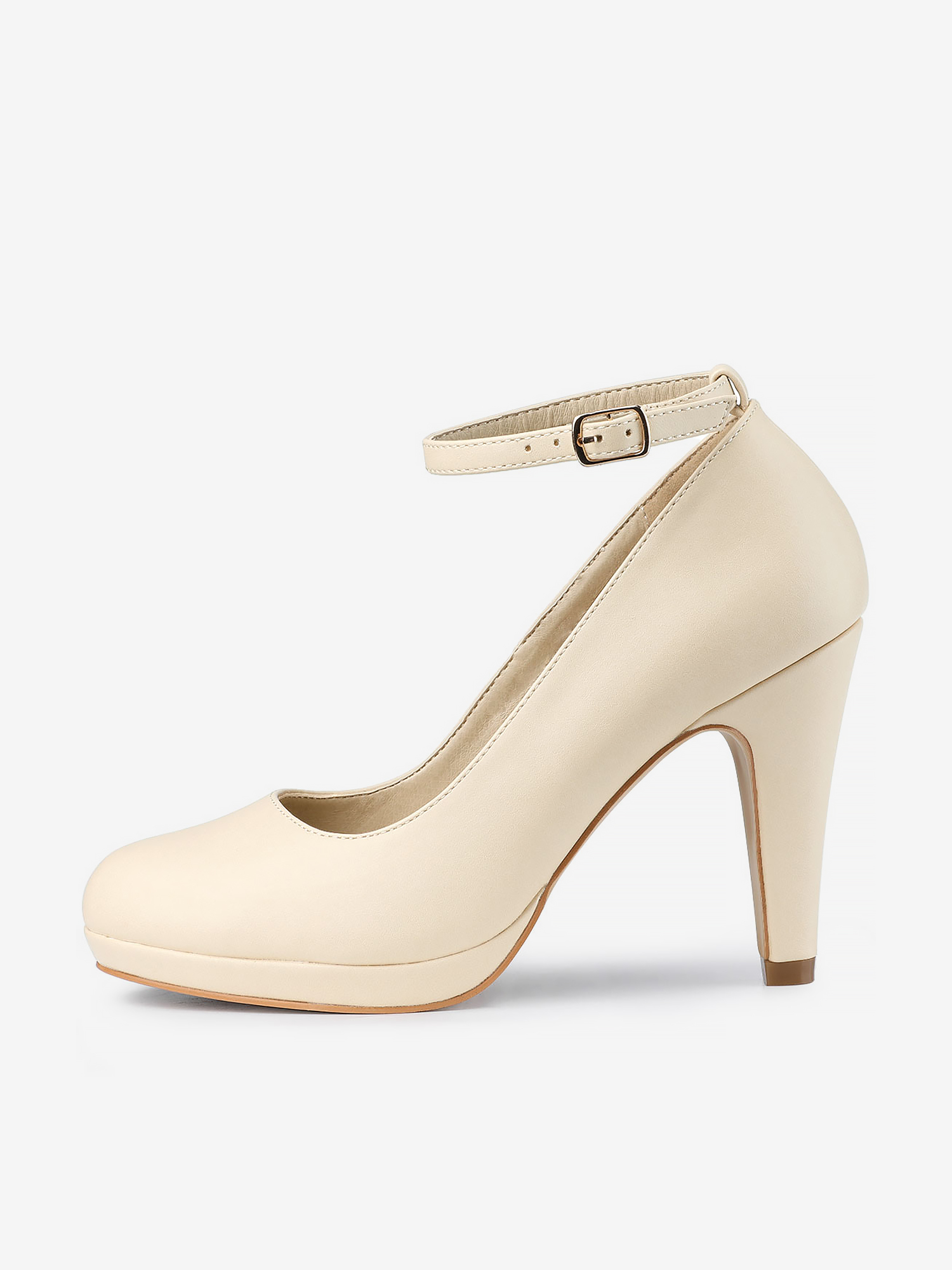 Round Toe Stiletto Heel Ankle Strap PU Leather Pumps Beige/8