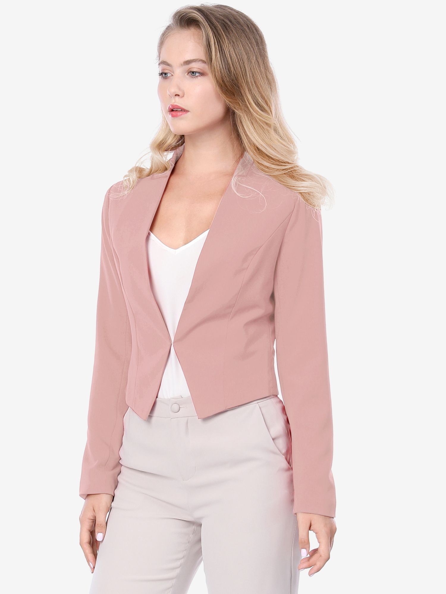 Solid Color Collarless Cropped Office Blazer Jacket Pink/XS