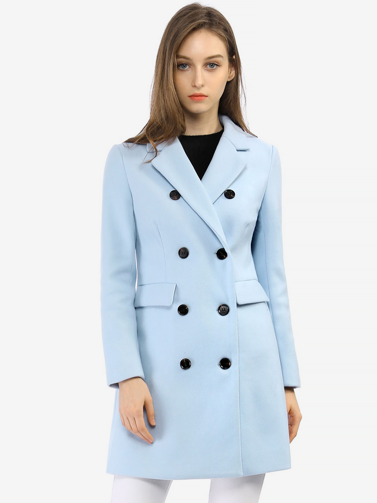 Winter Long Sleeve Notched Lapel Double Breasted Trench Coat Sky Blue/XL