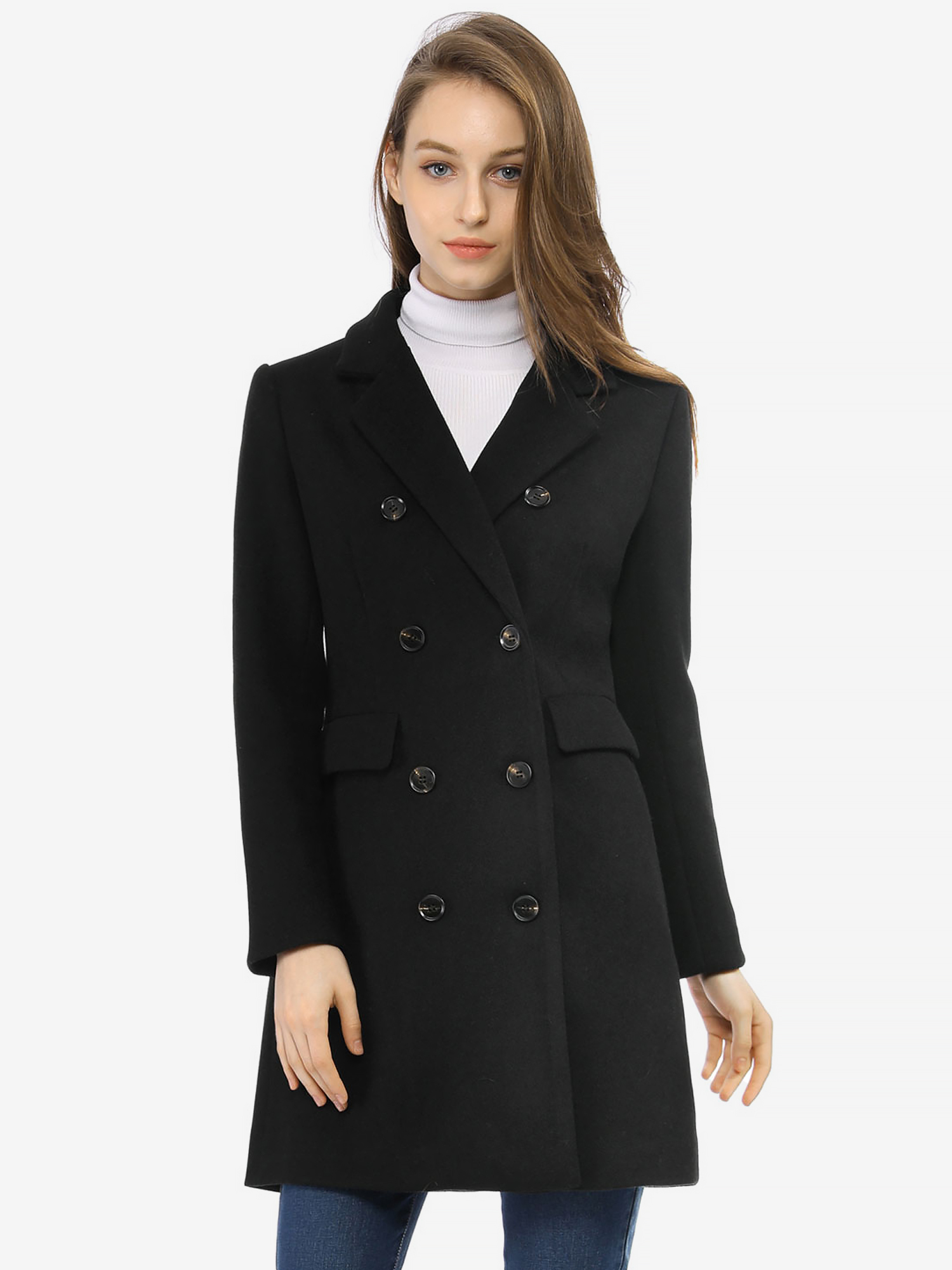 Winter Long Sleeve Notched Lapel Double Breasted Trench Coat Black/XL