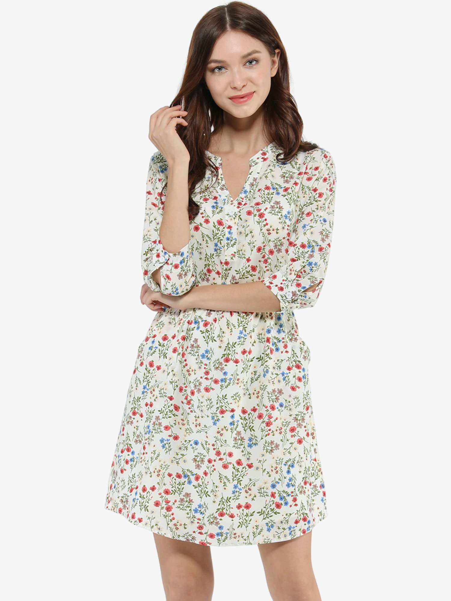 Button-Up V Neck 3/4 Sleeve Floral T-Shirt Dress with Pockets White/XS