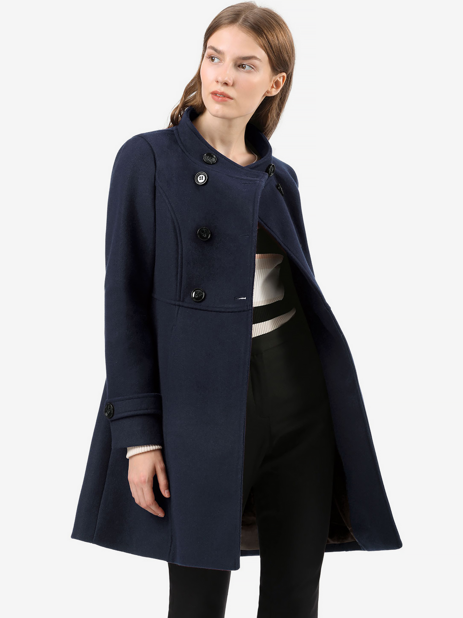Stand Collar Double Breasted Slant Pockets Winter Coat Blue/XL