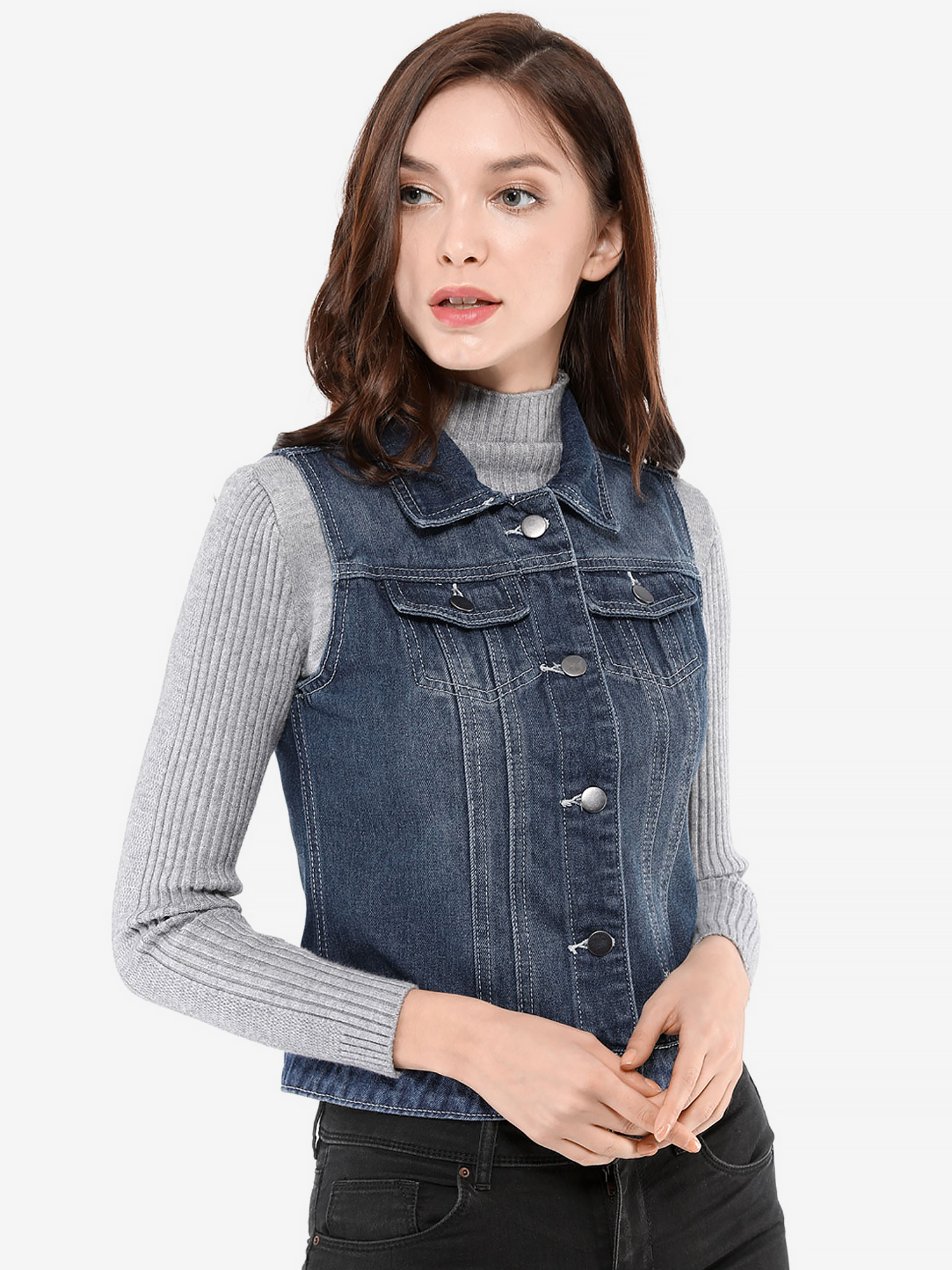 Flap Pocket Washed Buttoned Denim Jacket Vest Blue/M
