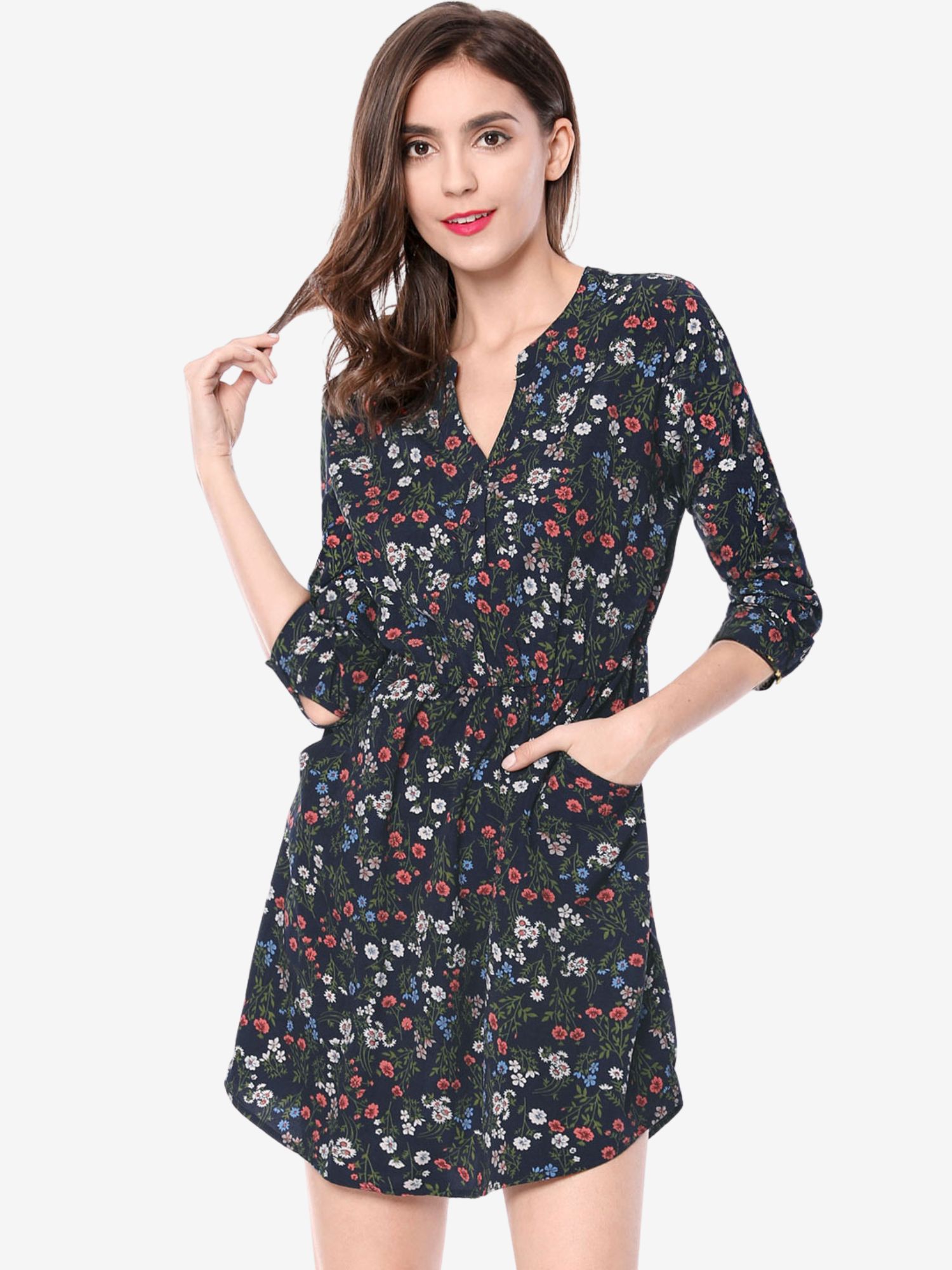 Button-Up V Neck 3/4 Sleeve Floral T-Shirt Dress with Pockets Dark Blue/M