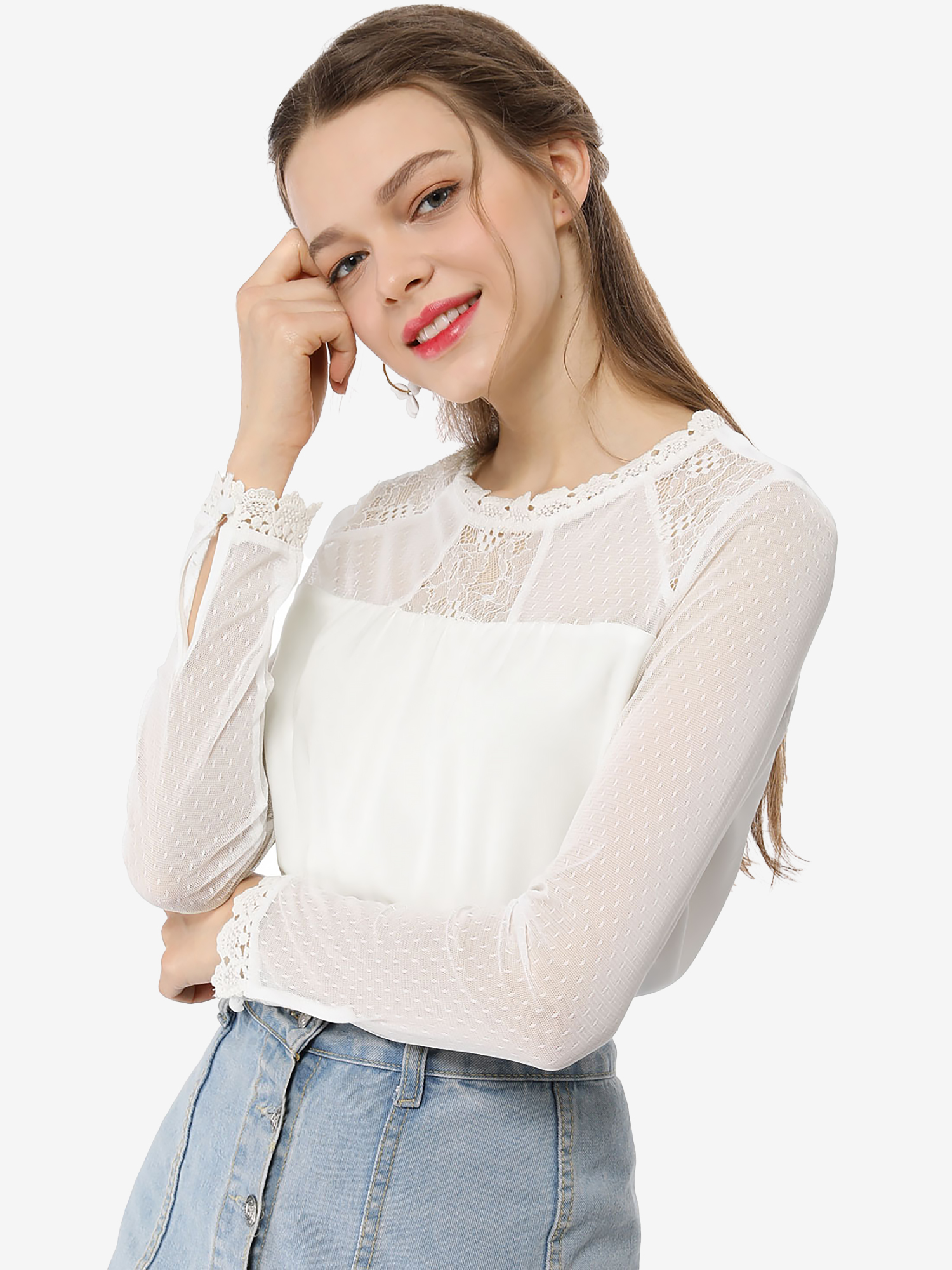 Lace Mesh Long Sleeve Top Round Neck Casual Elegant Blouse White/L