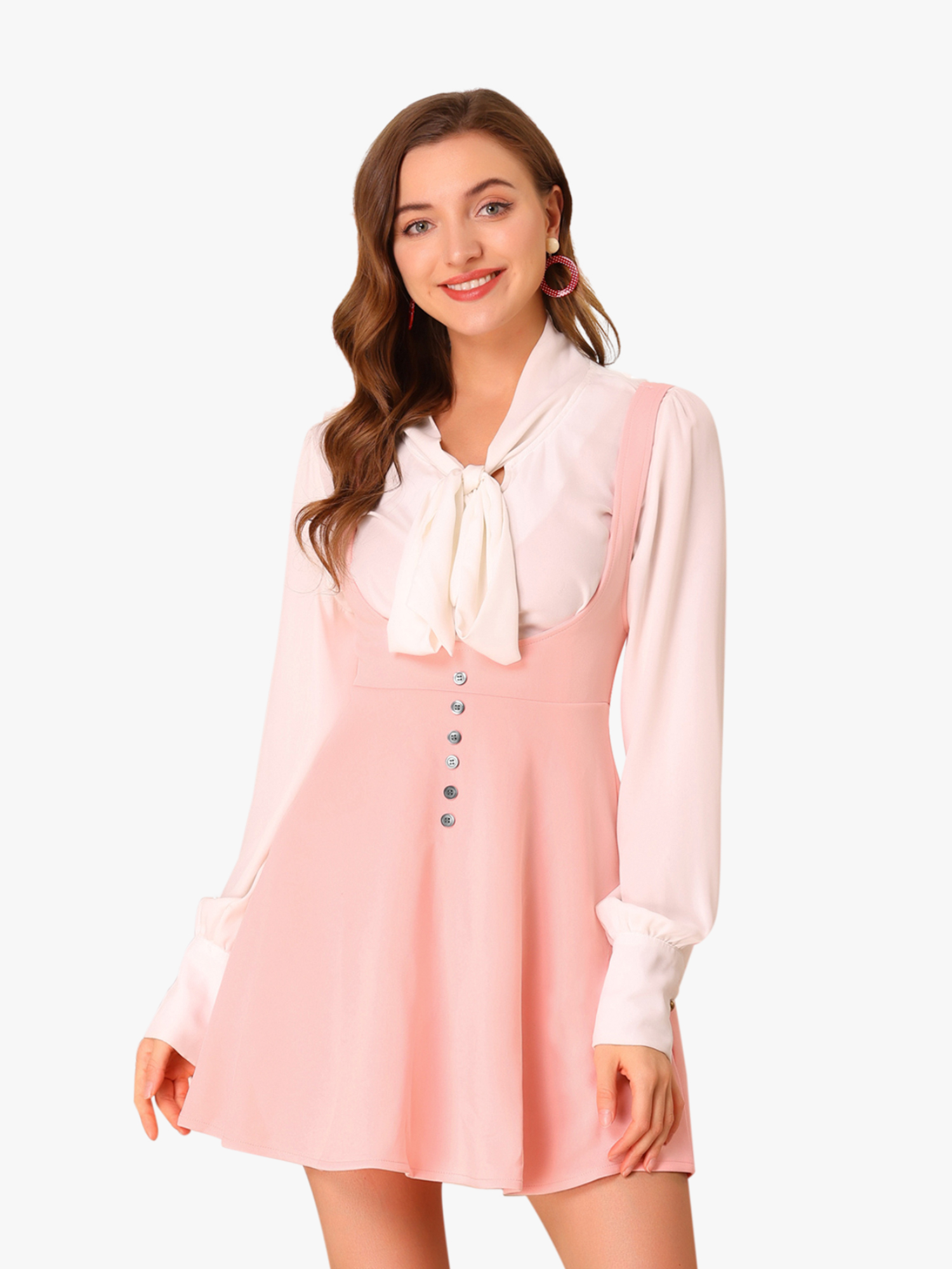 Button Decor Overalls Pinafore Dress Suspenders Skirt Pink/XS
