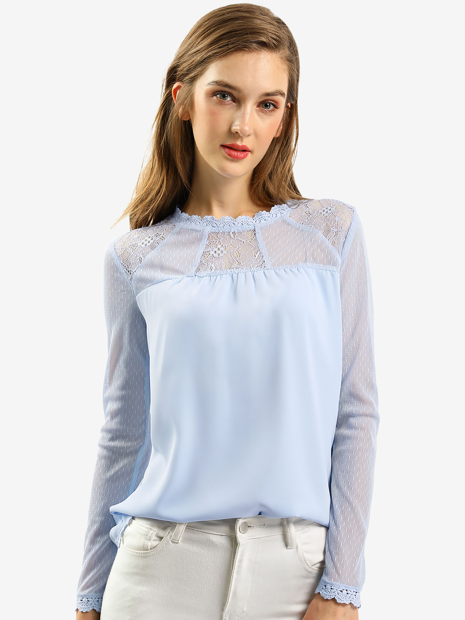 Lace Mesh Long Sleeve Top Round Neck Casual Elegant Blouse Light Blue/M