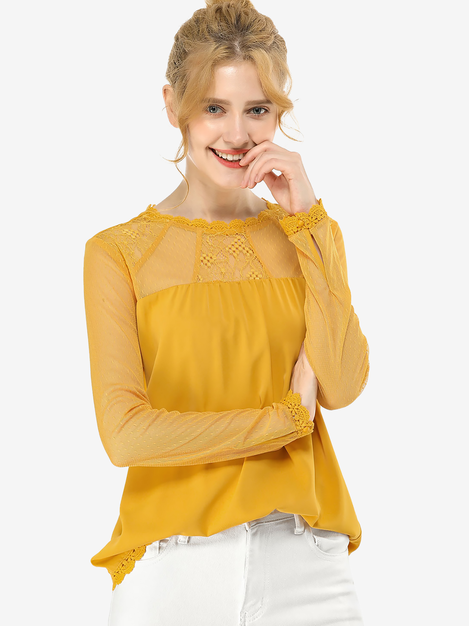 Lace Mesh Long Sleeve Top Round Neck Casual Elegant Blouse Yellow/S