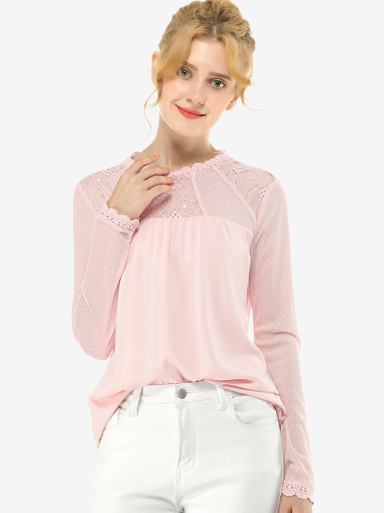 Lace Mesh Long Sleeve Top Round Neck Casual Elegant Blouse Pink/L