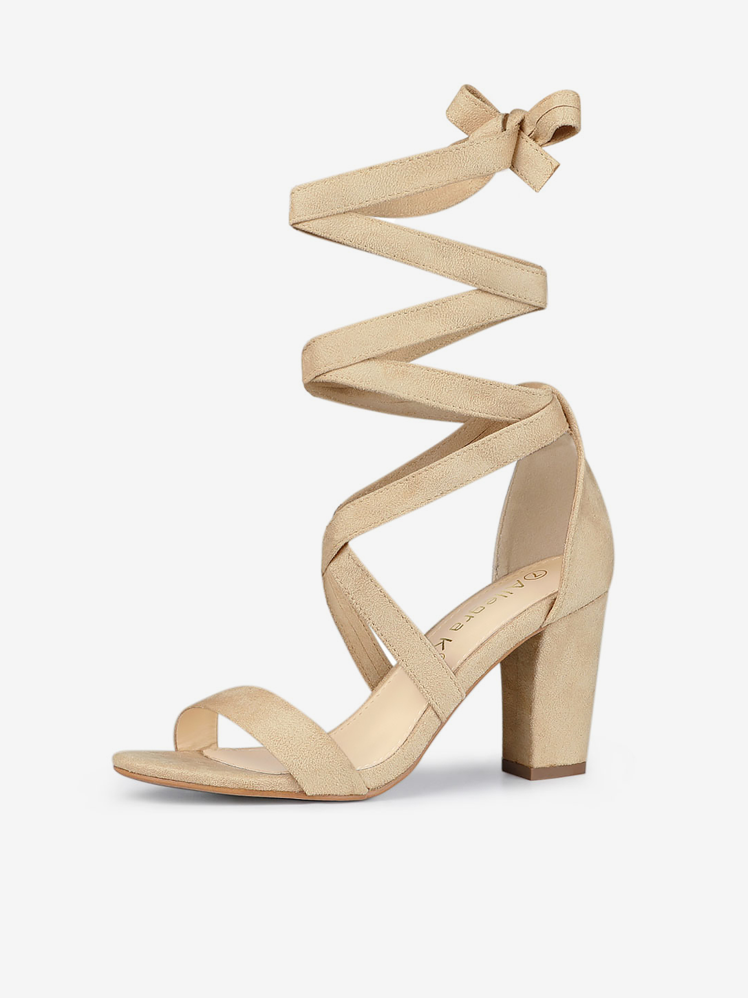Faux Suede Crisscross Lace Up Block Mid Heel Sandals Beige/7