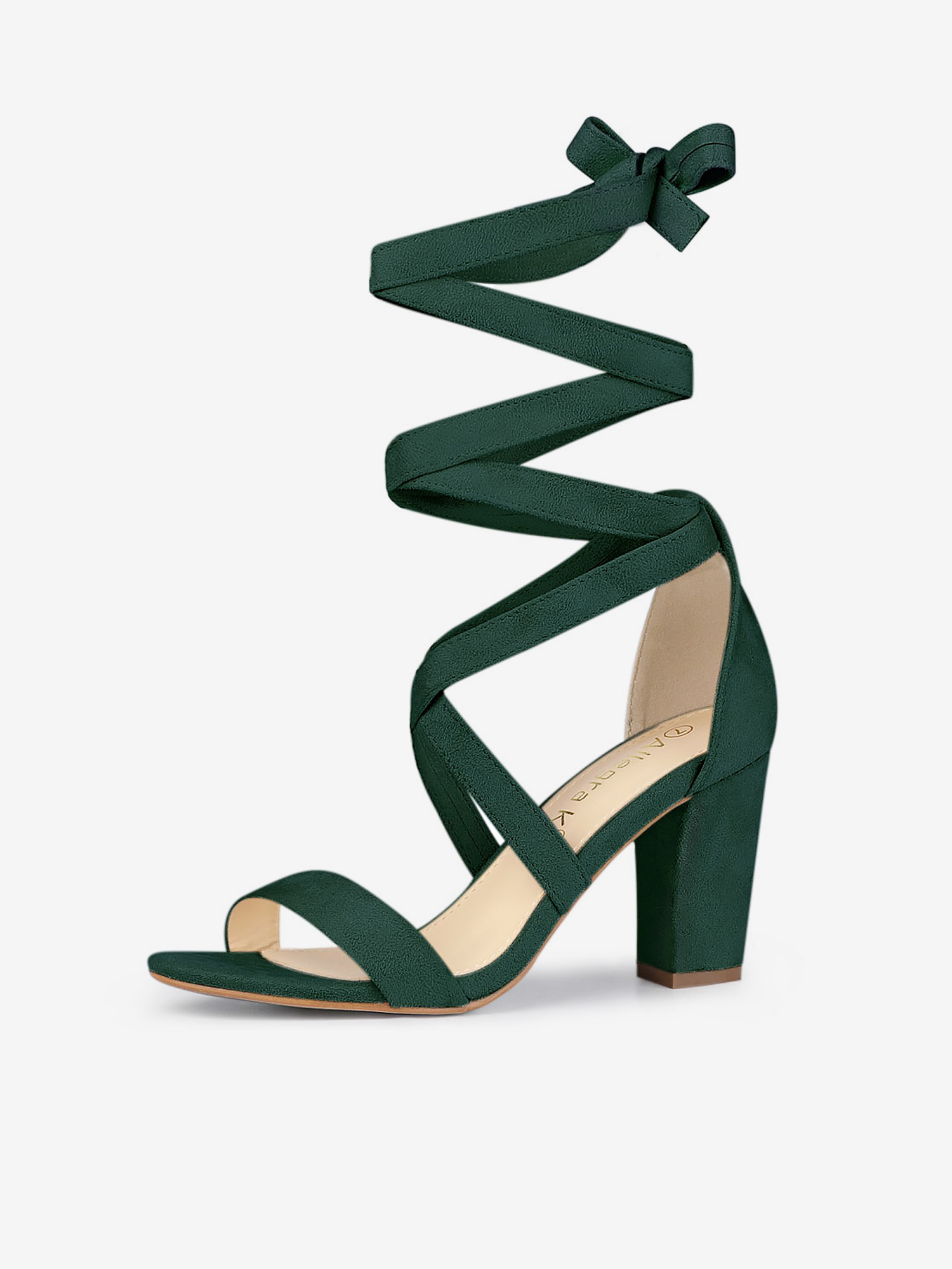 Faux Suede Crisscross Lace Up Block Mid Heel Sandals Green/6.5