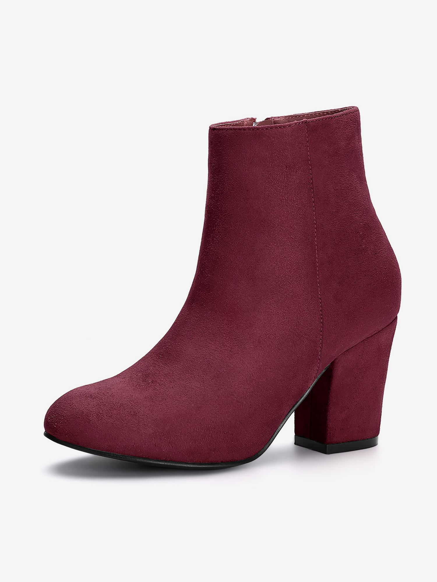 Round Toe Side Zip Chunky Heel Ankle Boots Burgundy/9