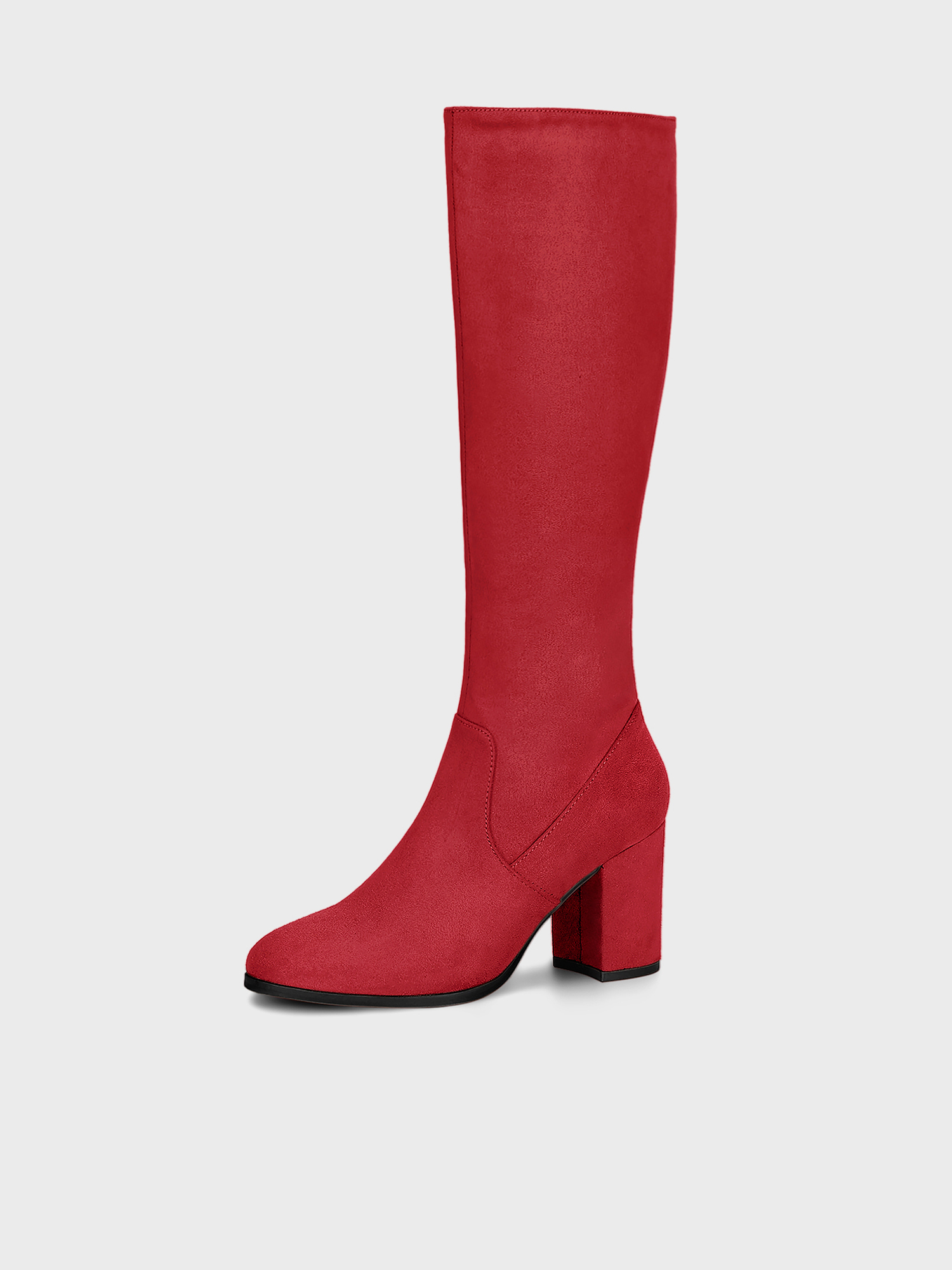 Faux Suede Side Zipper Chunky Heel Knee High Boots Red/7