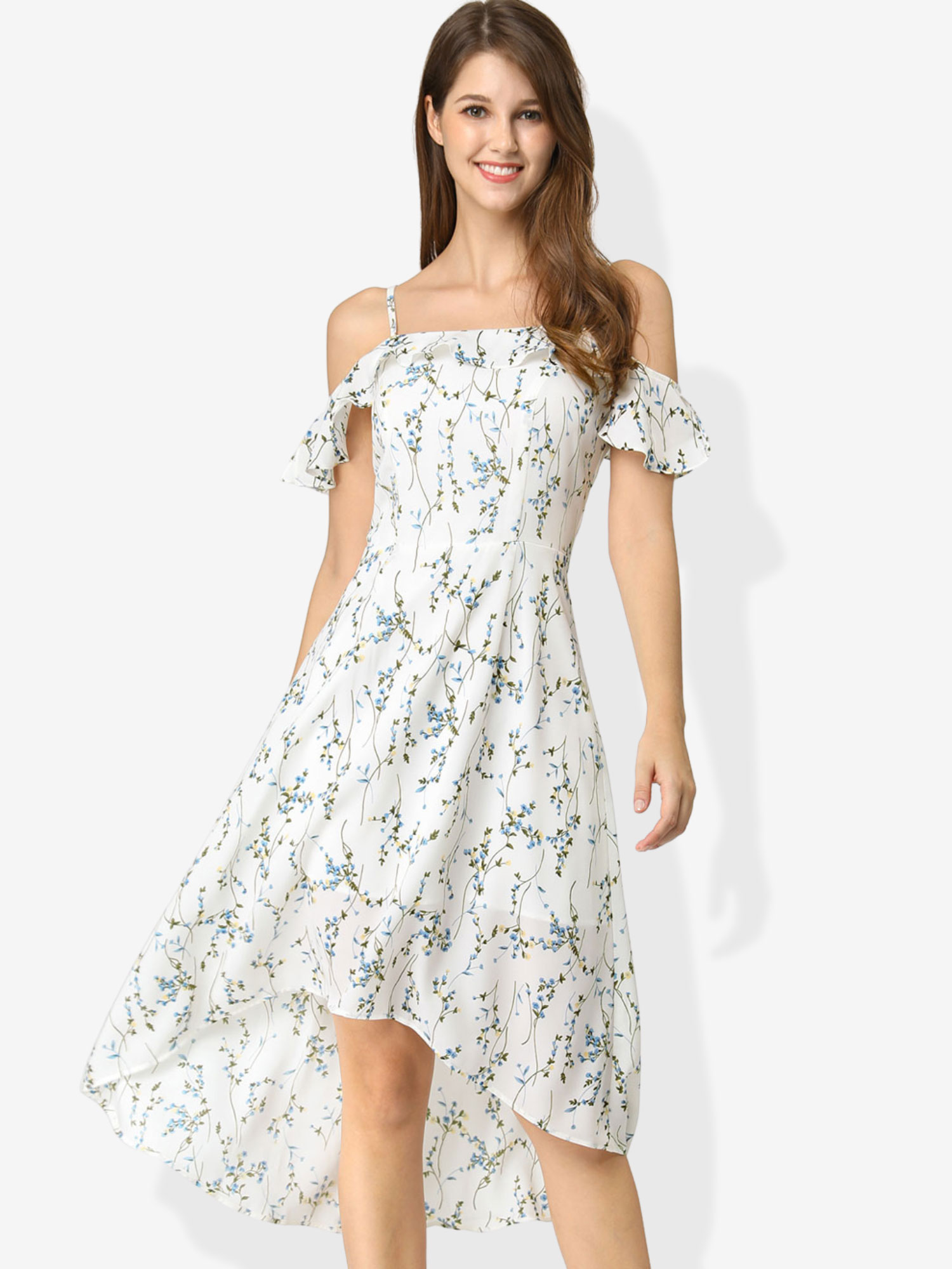 Spaghetti Strap Asymmetrical High Low Floral A-Line Midi Dress White Blue/M
