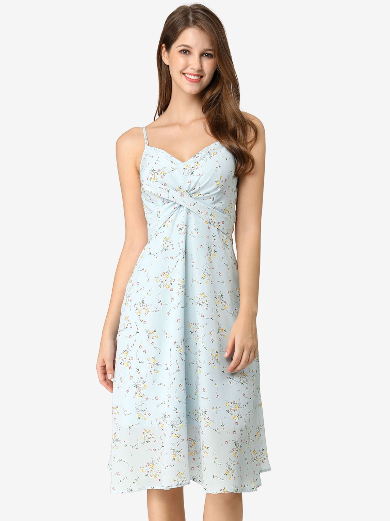 Floral Twist Front Knee Length Summer Adjustable Strap Dress Light Blue/L