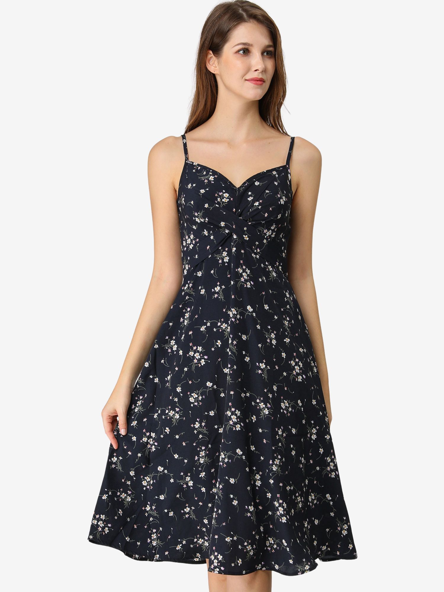 Floral Twist Front Knee Length Summer Adjustable Strap Dress Navy/M