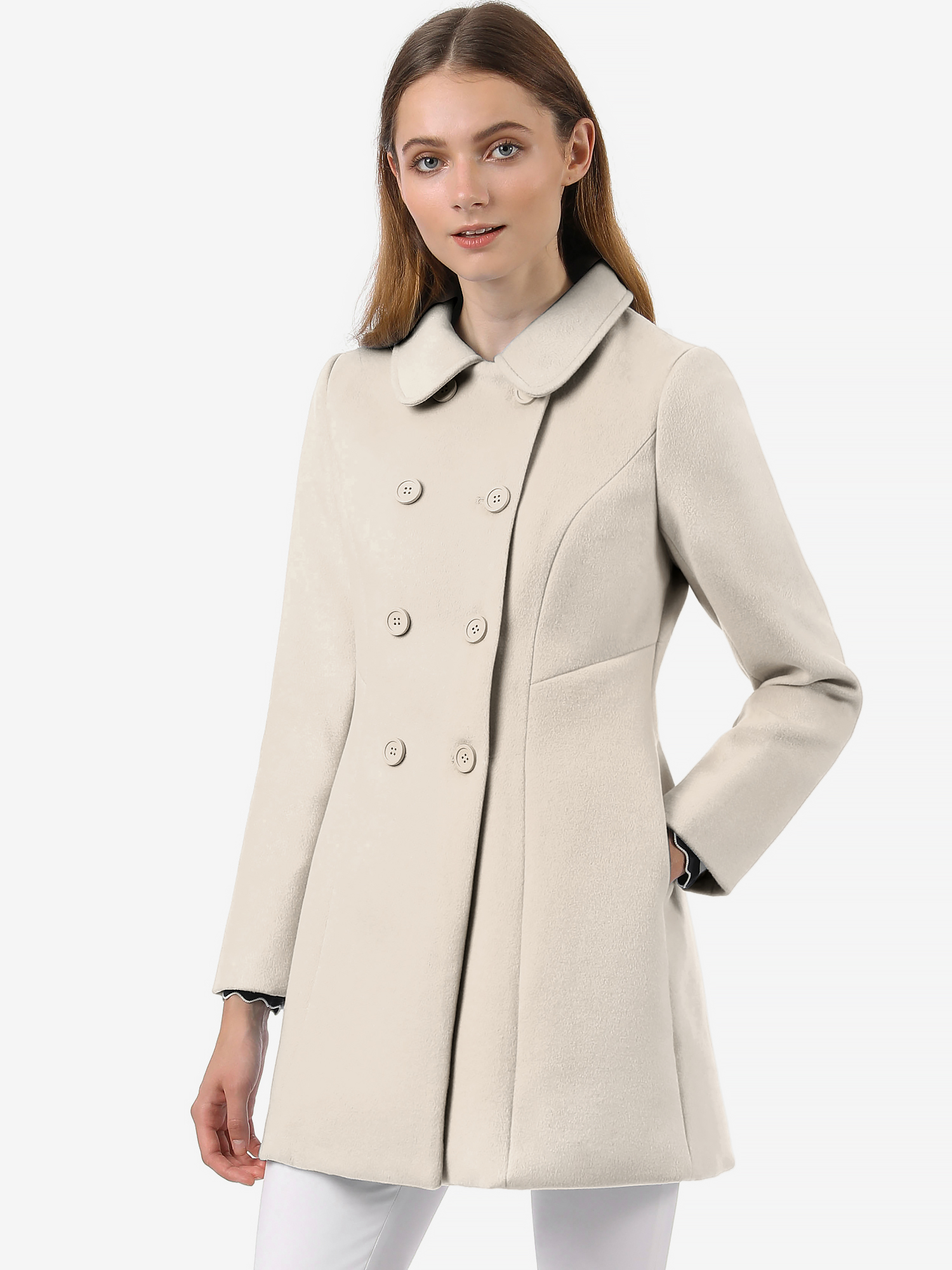 Peter Pan Collar Double Breasted Long Trench Pea Coat Beige/XL