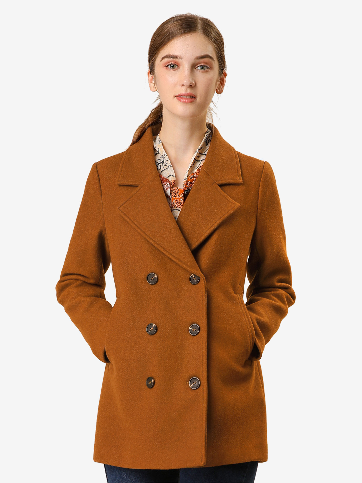 Long Sleeve Double Breasted Button Winter Outerwear Pea Coat Brown/XS