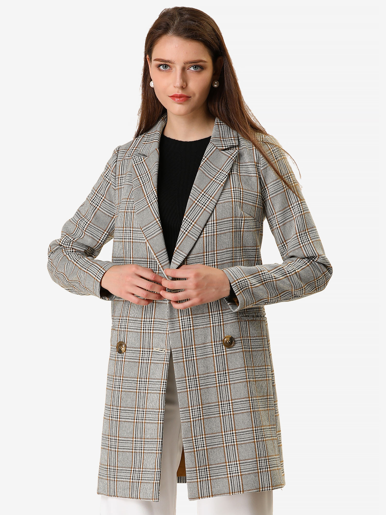 Double Breasted Notched Lapel Plaid Trench Blazer Coat Gray/M