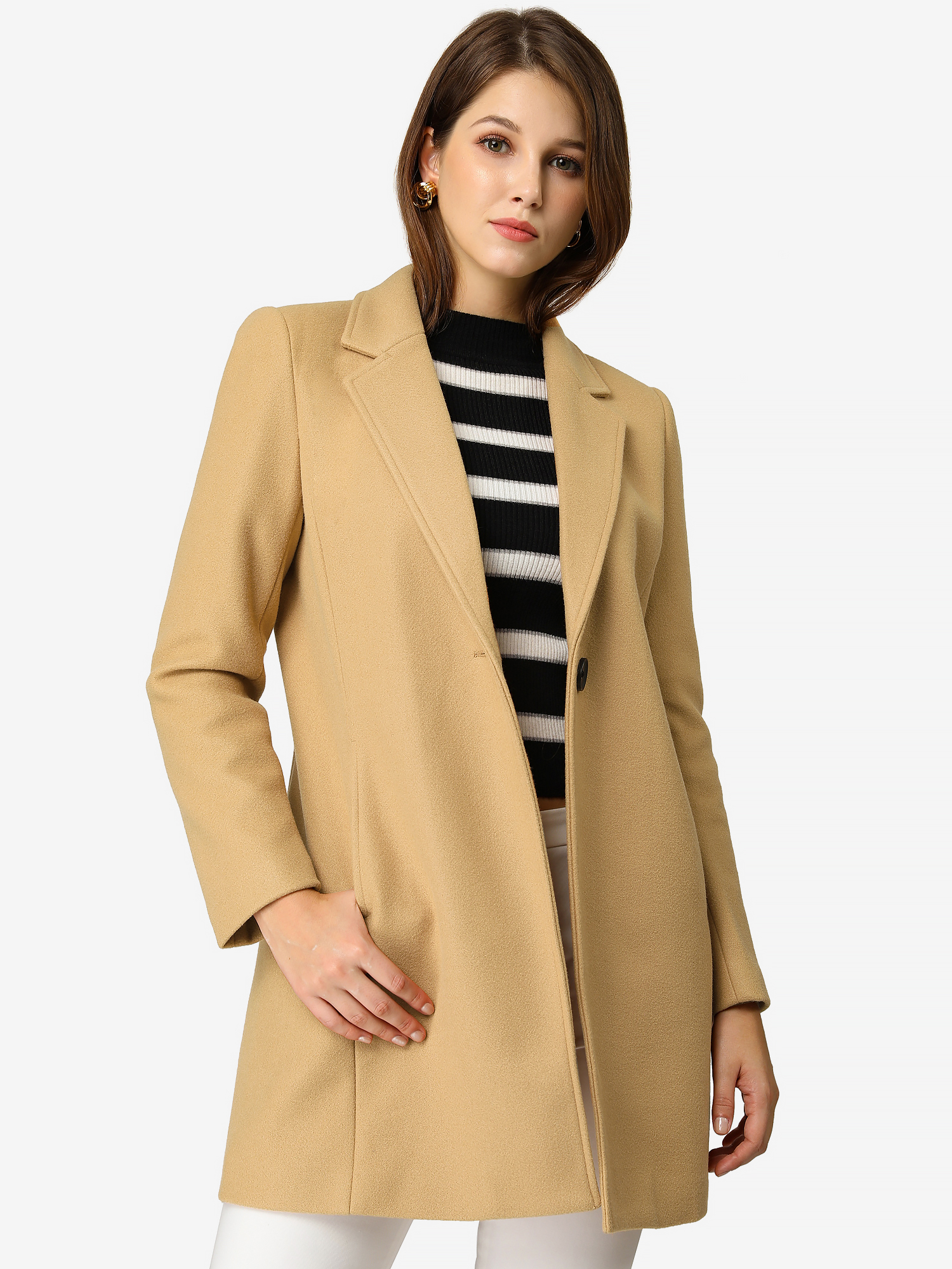 Classic Notched Lapel Long Sleeve Buttoned Coat Khaki/L
