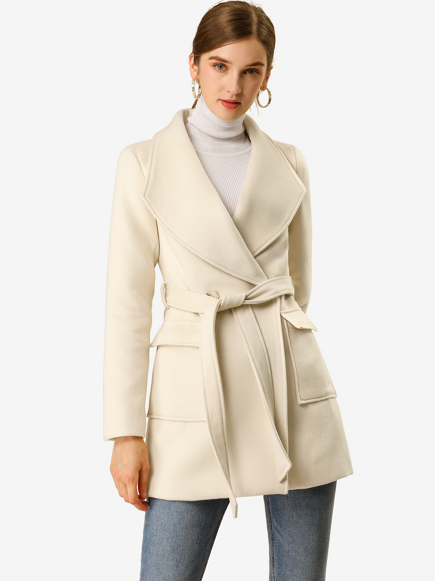 Shawl Collar Lapel Double Breasted Winter Belted Coat with Pockets Cream White/XS