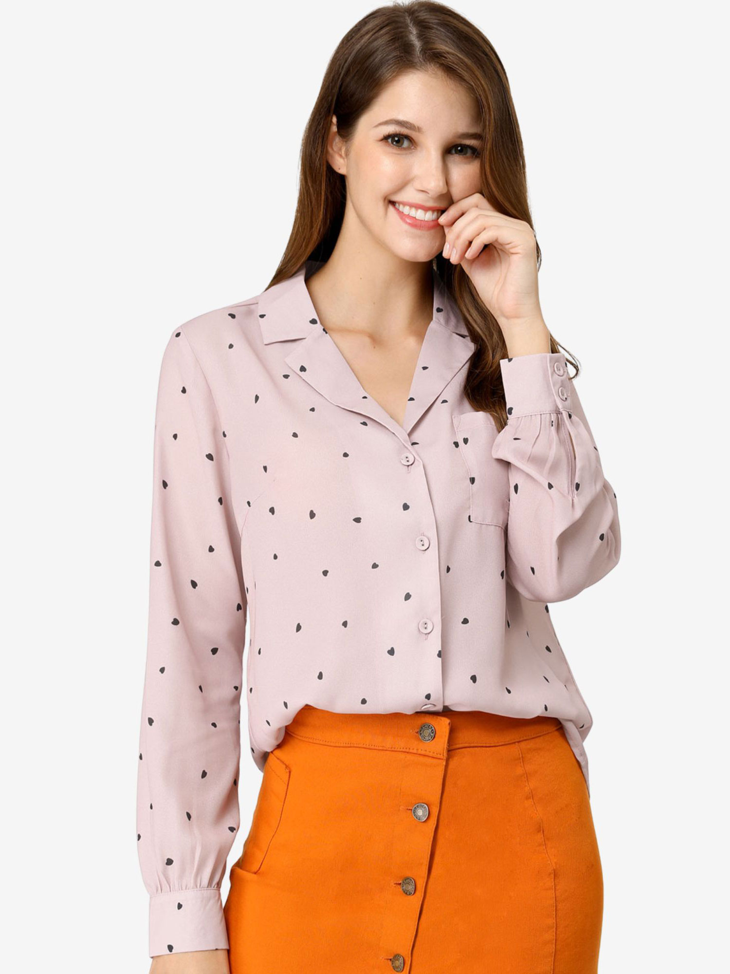 1950s Vintage Long Sleeve Printed Button Down Tops Pink/L