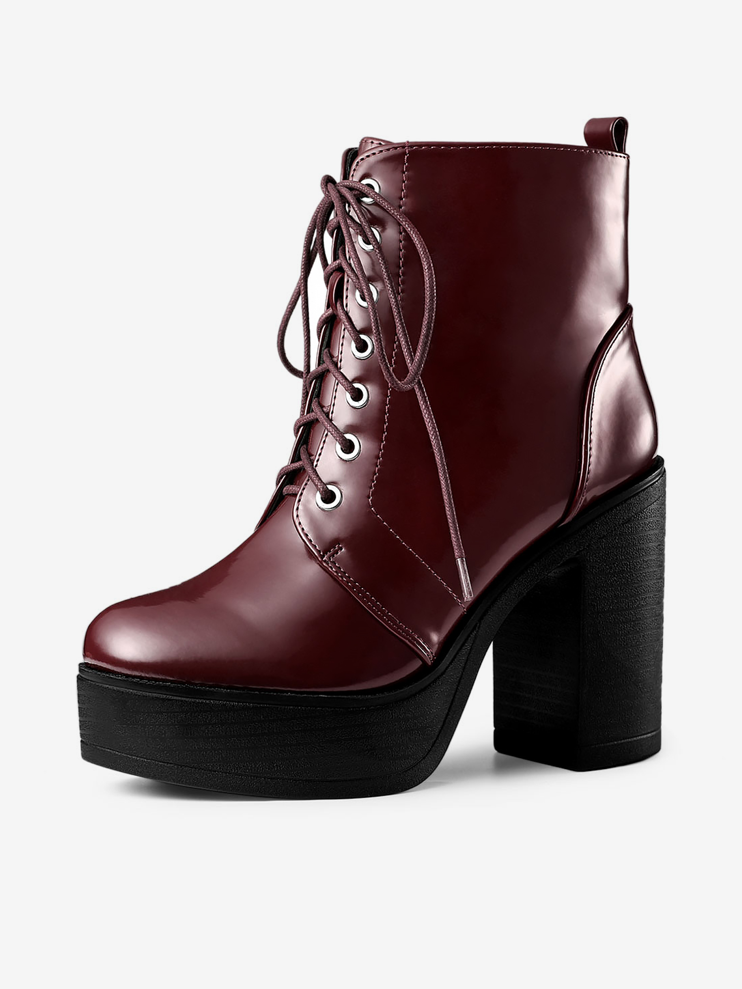 Platform Chunky High Heel Lace Up Combat Boots Burgundy/6