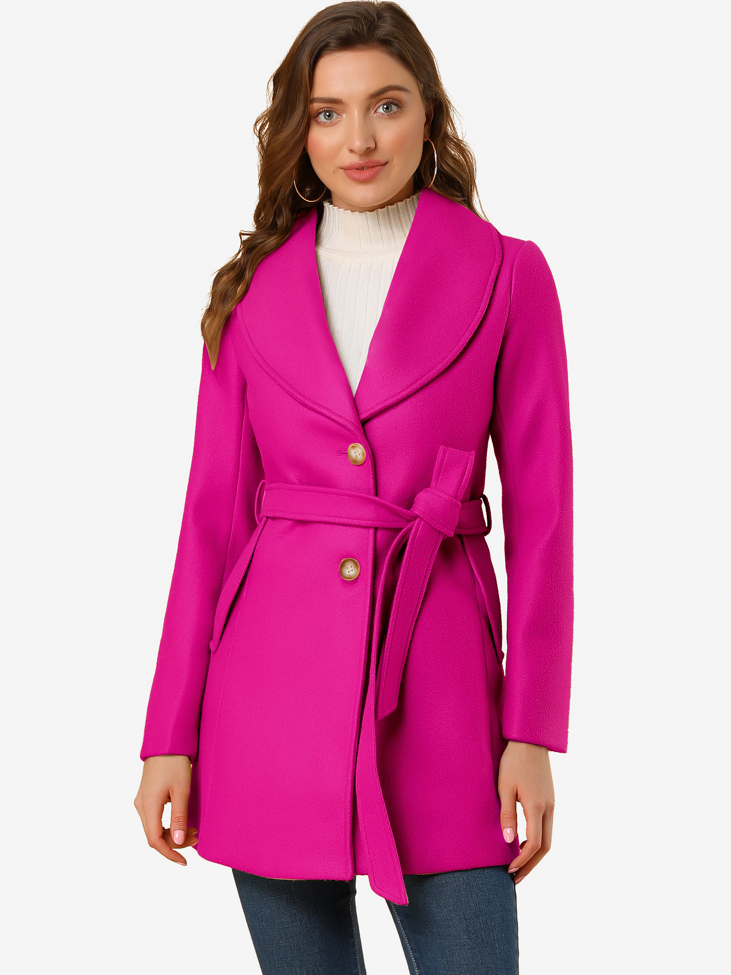 Shawl Collar Single Breasted Winter Long Belted Coat Hot Pink/L