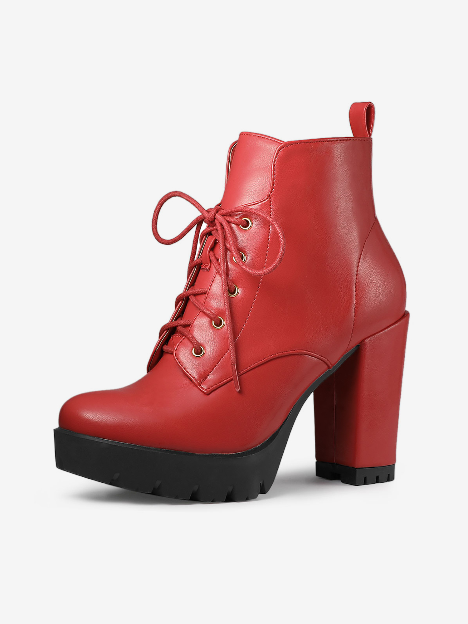 Round Toe Chunky Heel Lace Up Platform Boots Red/9.5