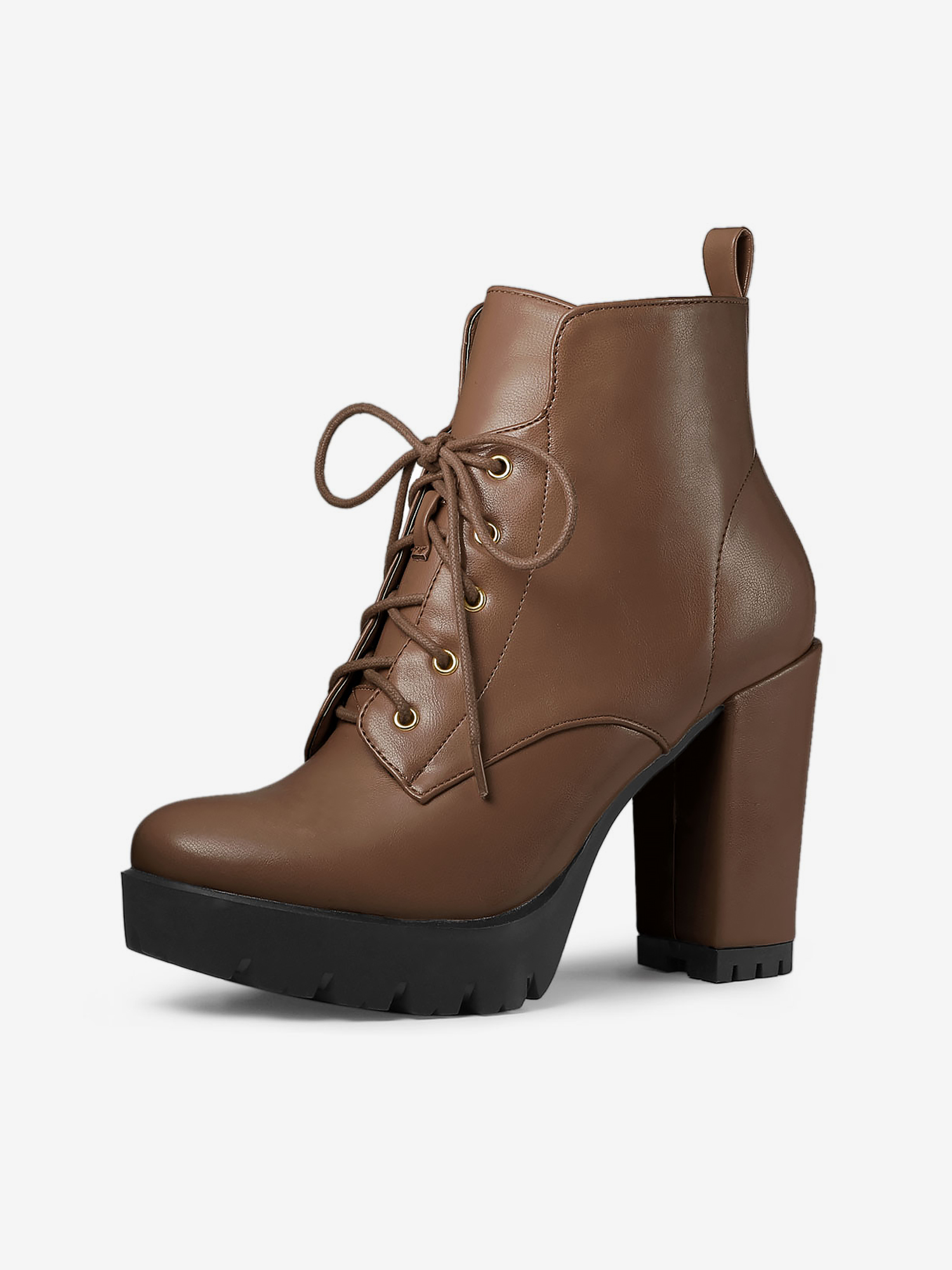 Round Toe Chunky Heel Lace Up Platform Boots Brown/6.5