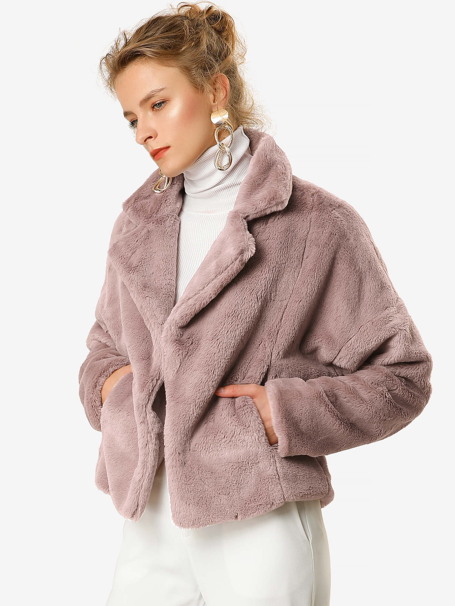 Allegra K Cropped Jacket Notch Lapel Faux Fur Fluffy Coat Dusty Pink/L