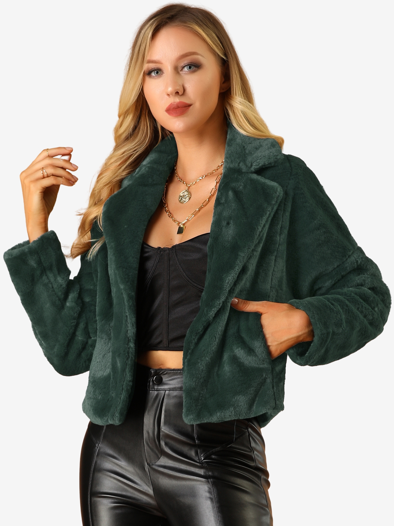 Allegra K Cropped Jacket Notch Lapel Faux Fur Fluffy Coat Dark Green/XL