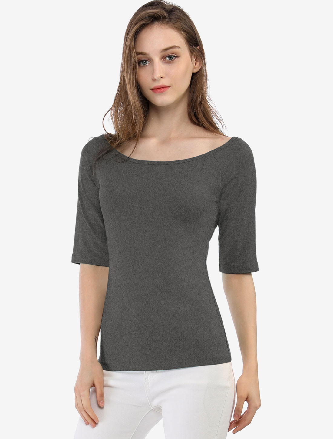 Scoop Neck Half Sleeves Fitted Layering Soft T-Shirt Dark Gray/XS