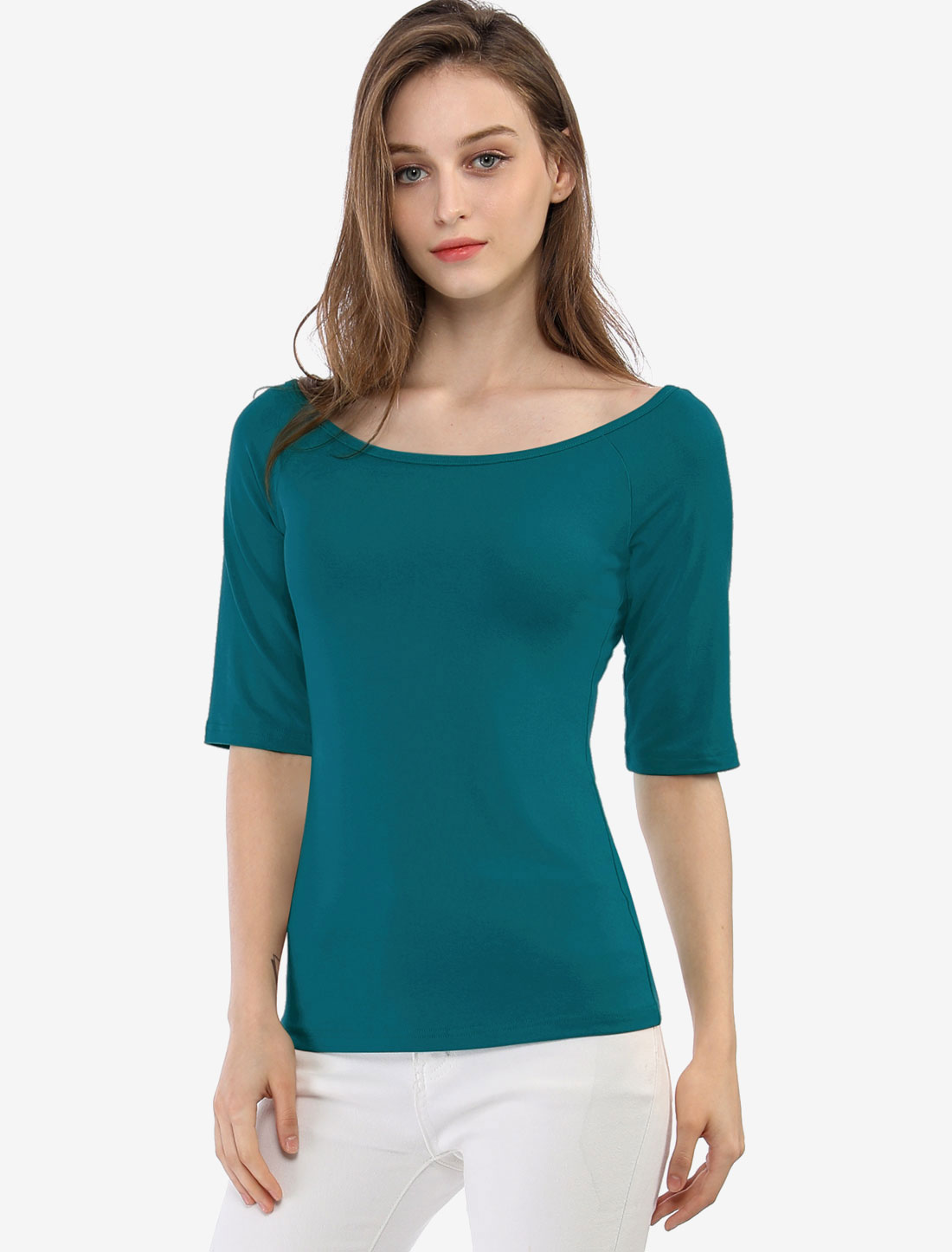 Half Sleeve Scoop Neck Fitted Layering Top T-Shirt Blue Green/XL