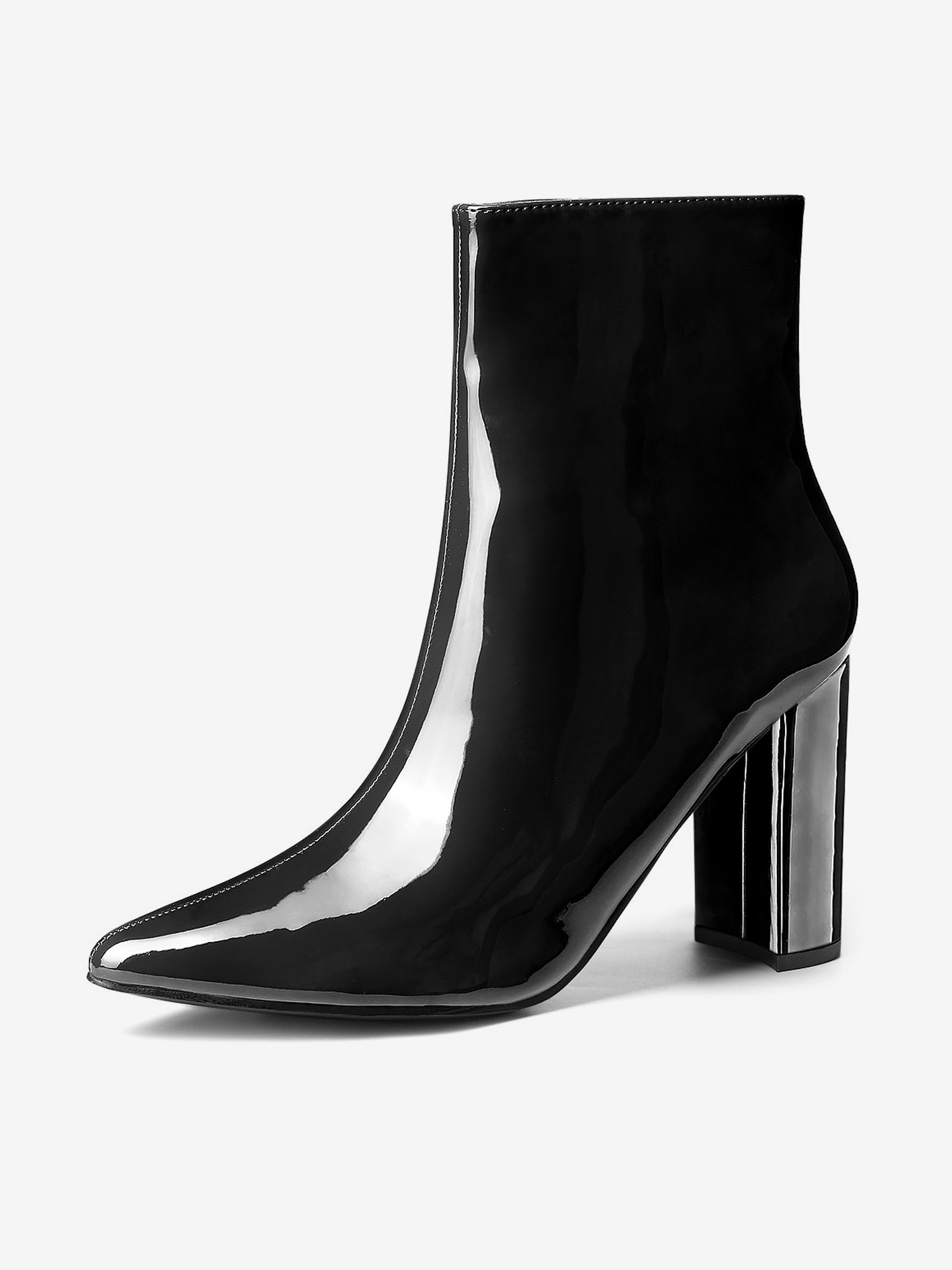 Faux Patent Leather Chunky Heel Pointed Toe Zipper Ankle Boots Black/7