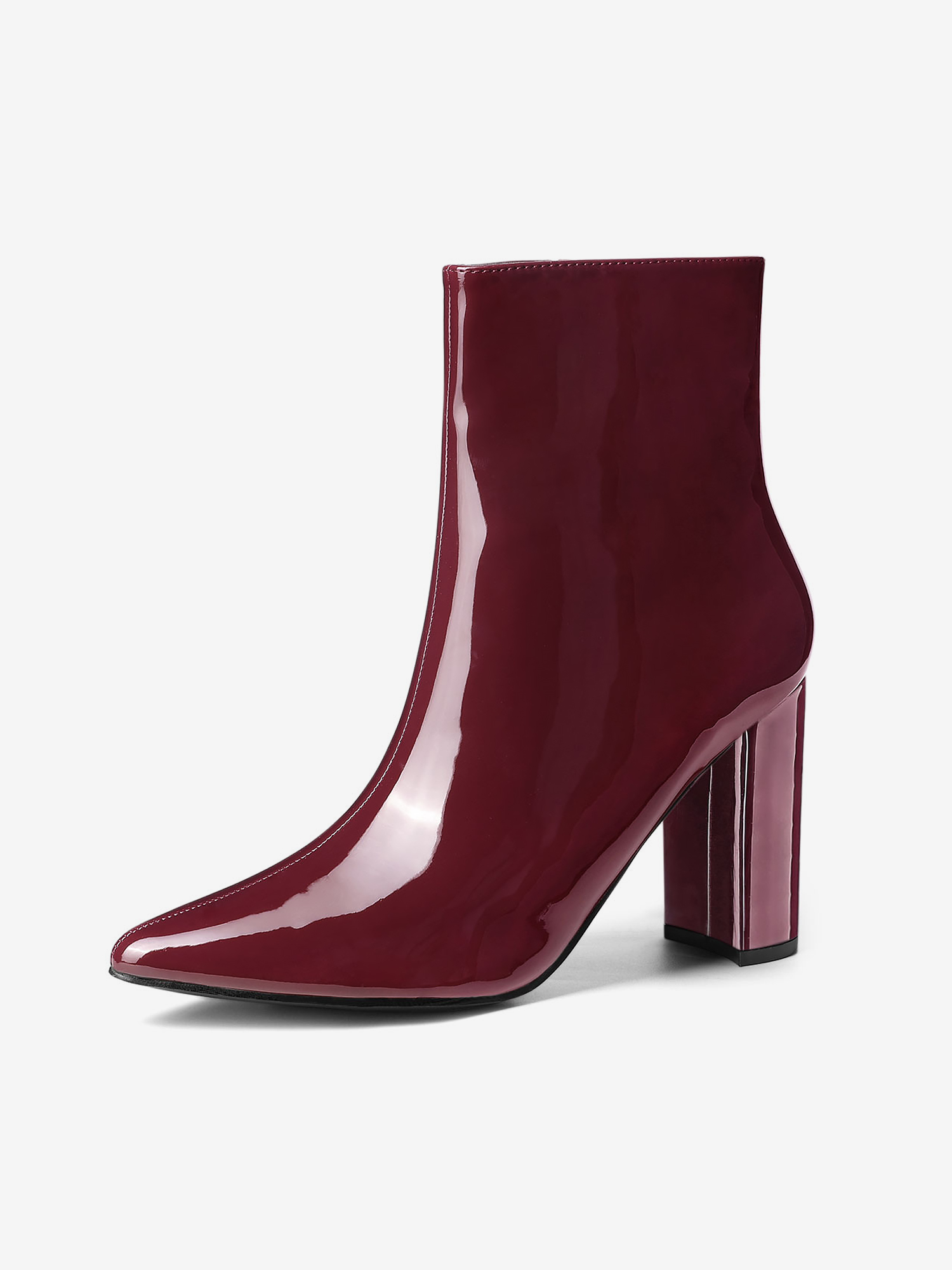 Faux Patent Leather Chunky Heel Pointed Toe Zipper Ankle Boots Burgundy/10